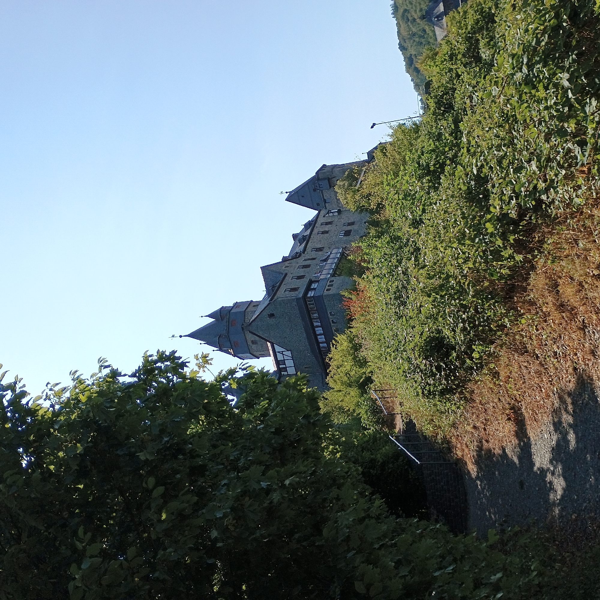 The image captures an upward view of a stone castle situated on a hill, partially obscured by lush green foliage and trees in the foreground. The castle features multiple towers with dark grey conical roofs, prominent stonework, and several windows. A pathway with metal railings leads up the grassy slope towards the castle. The sky is a clear, pale blue. The scene is brightly lit, suggesting a sunny day. This is the Altena Castle, a well-preserved medieval fortress located in the city of Altena, Germany. There are no people or animals visible in the frame.