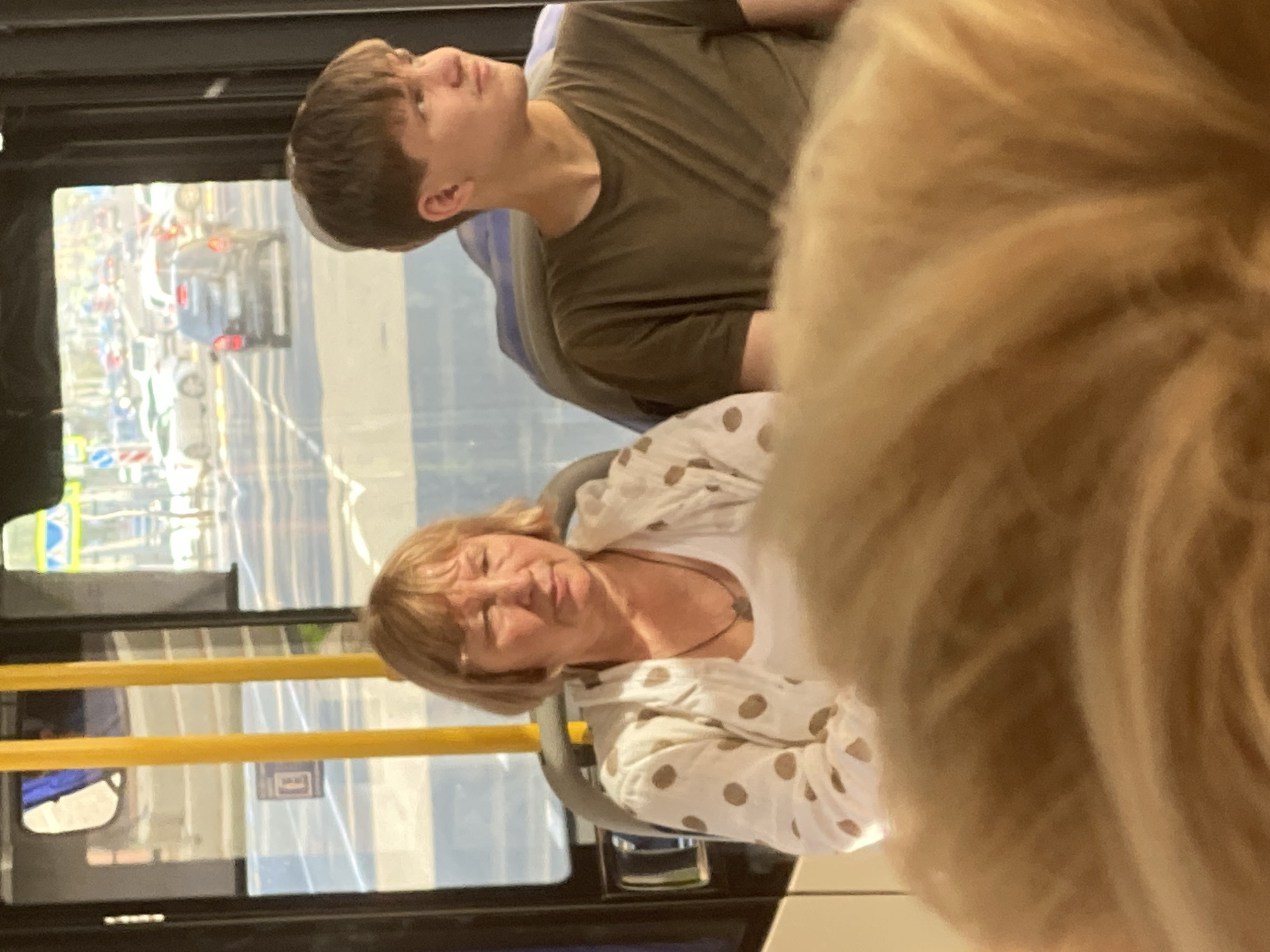Two individuals are seated inside a bus in Novokuznetsk, Russia. In the foreground, a person with blonde hair is partially visible, their head and shoulders obscuring a portion of the view. To their right, and further back, a woman with short, blonde hair and bangs is seated. She is wearing a white shirt with brown polka dots and a necklace. She is looking downwards and to her left. To the right of the woman, a young man with short brown hair is seated. He is wearing a dark olive green t-shirt and is looking to his right, out the window. Through the bus window, a street scene is visible, with several cars on the road, indicating the bus is likely in motion or stopped in traffic. The environment appears to be a sunny day, with bright light casting shadows. Yellow poles are visible within the bus, typical of public transport interiors.