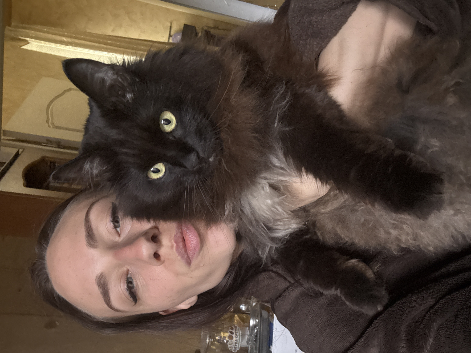 A woman is holding a long-haired black cat. The woman's face is visible and she has brown hair. The cat's face is also visible and it has yellow eyes. The woman is wearing a brown robe. There is a glass with writing in Russian on it in the lower part of the frame. The background is out of focus, but it appears to be a room with gold accents. There is no definitive evidence in the image to suggest the location is Saint Petersburg, Russia.