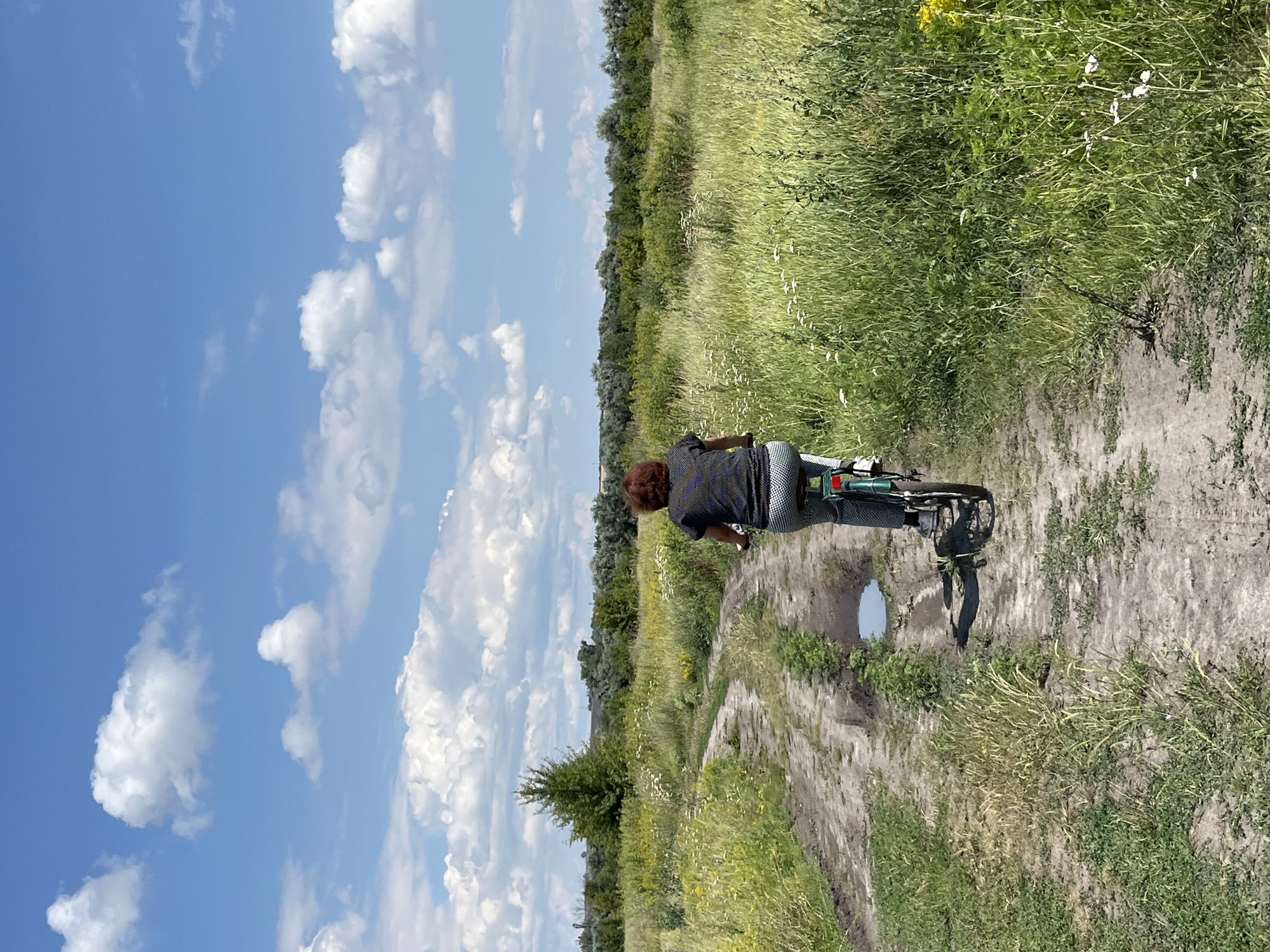 A person is riding a bicycle on a dirt road in a rural area. The road is flanked by tall grass and wildflowers. In the background, there are trees and a blue sky with white clouds. The person is facing away from the camera, wearing a patterned t-shirt and checkered pants. The bicycle is green. There is a puddle of water on the road.