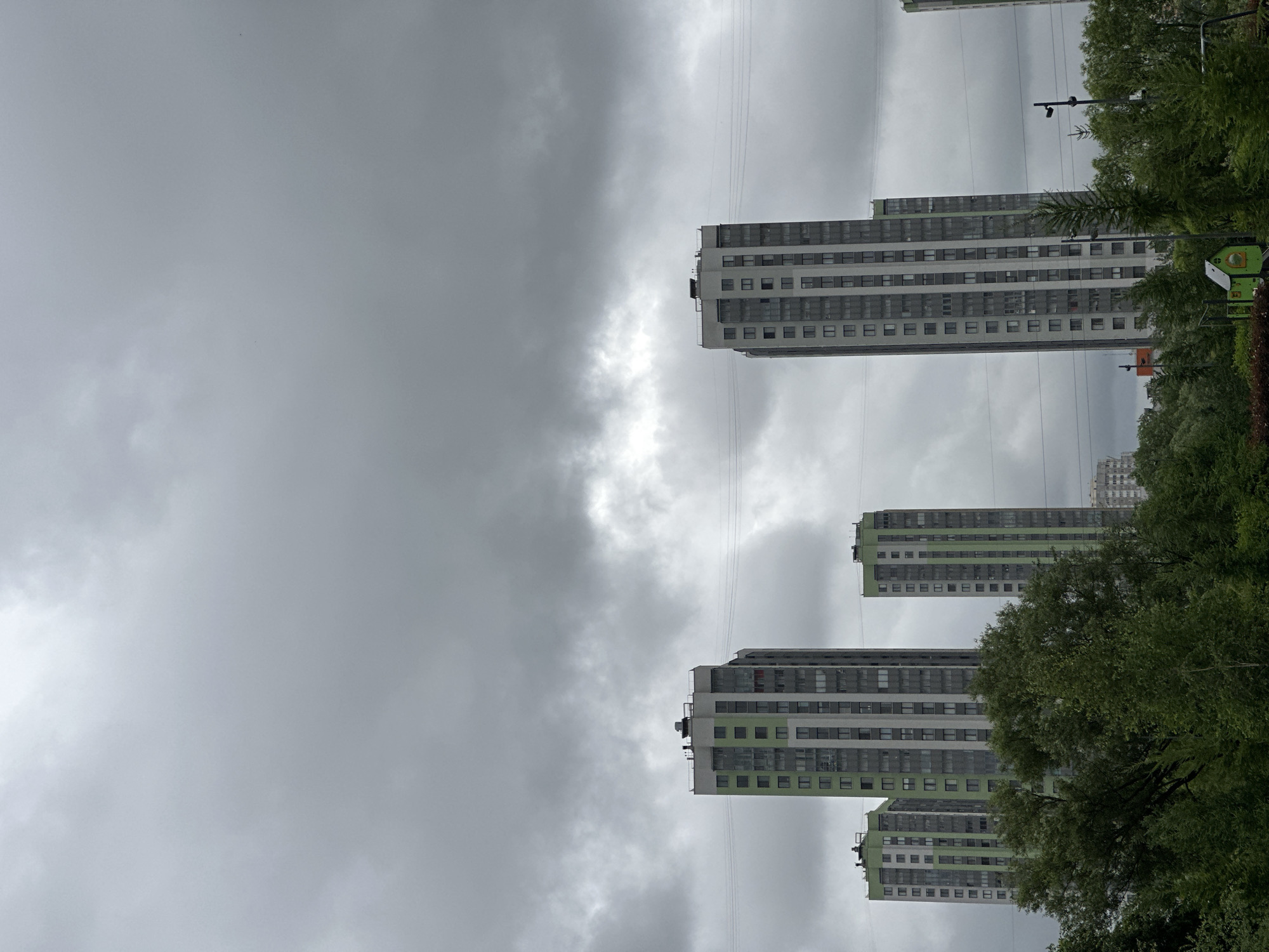 The image captures a view of a residential complex in Saint Petersburg, Russia, under a cloudy sky. In the foreground, lush green trees dominate the scene, with some bushes and a small playground structure visible. Beyond the trees, several tall, modern apartment buildings rise into the sky. These buildings are characterized by their light-colored facades with green accents. Thin power lines are strung between the buildings, contributing to the urban landscape. The overall atmosphere is subdued due to the overcast weather.