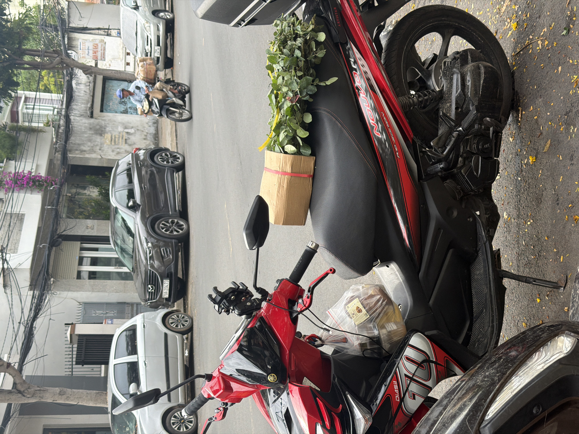 The image shows a street scene in Nha Trang Ward, Vietnam. In the foreground, a red and black motorcycle is parked on the side of the road, carrying a rectangular cardboard box filled with greenery on its seat. A bag containing an unidentified item is attached to the front. In the background, the street includes parked cars (white, gray) and buildings with overhead electrical wires. A man is riding a motorcycle further down the street. Yellow leaves are scattered on the pavement near the parked motorcycle.