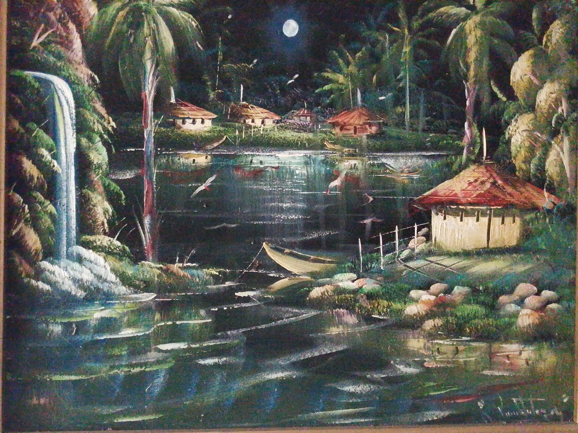 The image depicts a tropical landscape scene, possibly a painting. A waterfall cascades on the left side into a body of water. Several thatched-roof huts are situated along the water's edge, with reflections visible in the water. Palm trees and other lush vegetation are present throughout the scene. A moon illuminates the sky. Birds are flying around. There is a small boat near a hut with a white fence. The setting appears to be a calm tropical environment, possibly intended to represent a location in or near Tinaquillo, Venezuela.