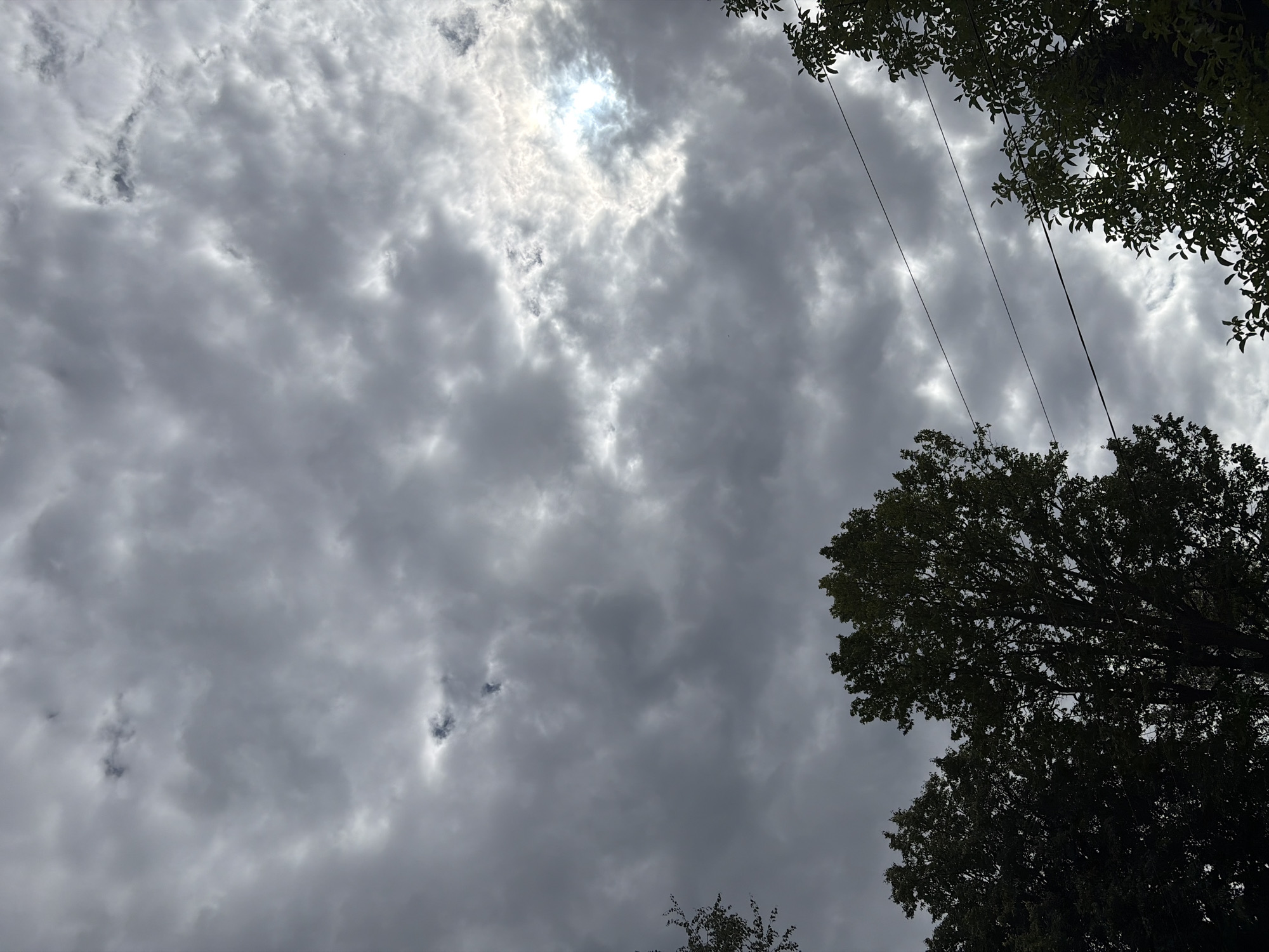 The image depicts a cloudy sky with some areas of brightness suggesting the sun is partially visible through gaps in the clouds. Silhouettes of trees are visible at the bottom of the frame, and two power lines run horizontally across the middle and lower right sections of the image. The overall mood is overcast and somber. The location is given as Unknown, Unknown.