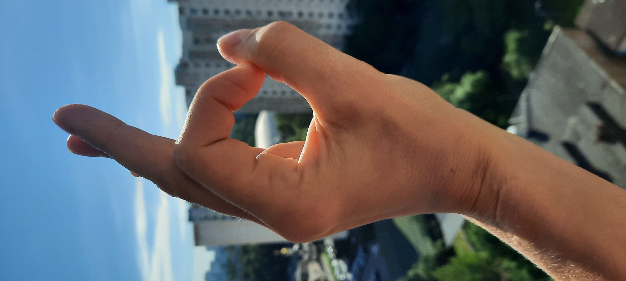 The image, appearing to be a vertical photograph displayed horizontally, prominently features a human hand in the foreground against a sunlit urban sky. The hand, likely a right hand with light skin, forms a specific gesture (mudra) where the tip of the thumb and index finger meet to create a circle, while the other three fingers are extended. This posture is commonly recognized as Gyan Mudra or Chin Mudra, symbolizing knowledge or consciousness, often used in meditation or yoga practices.
The background is dominated by a clear, vibrant blue sky with subtle wisps of white clouds, indicating a bright, sunny day. Below the sky, an urban cityscape stretches into the distance. It comprises several multi-story buildings with numerous windows, suggesting residential or commercial architecture. A distinctive white, dome-shaped structure is visible in the mid-ground, positioned to the right of the hand's palm. Green foliage from trees is interspersed among the buildings, hinting at parks or tree-lined areas. The scene is brightly illuminated by direct sunlight, highlighting the contours of the hand and the distant structures, suggesting it is daytime, likely morning or afternoon.
Detailed examination of the hand reveals visible skin texture, creases, and fine hair on the forearm. A thin ring is present on the ring finger. The elevated perspective suggests the photograph was taken from a high vantage point, such as a balcony or upper floor, overlooking the city. There is no visible text. The location of this scene is Moscow, Russia.