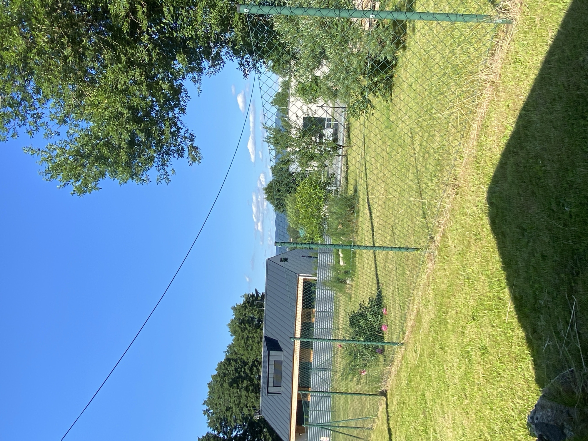 The image depicts a suburban backyard on a clear day, likely in the late morning or early afternoon, given the bright sunlight casting distinct shadows. The foreground is dominated by a lush green lawn, with a dark shadow falling across it from an unseen object to the right. A chain-link fence, with green-topped poles, runs horizontally across the mid-ground, dividing the yard and partially obscuring the view beyond.
Beyond the fence, a modern-looking house with a dark grey, sloped roof is visible. A portion of the house features light-colored siding and what appears to be an outdoor living space with a light-colored roof. A small, dark rectangular window is set into the roof of the house. To the left of the house, a dense collection of green trees adds a natural element to the scene. In the background, beyond the house and trees, rolling hills are visible under a bright blue sky dotted with a few fluffy white clouds.
Further to the right, another, less distinct building with a white facade and a dark roof can be seen, also surrounded by trees and greenery. The overall impression is one of a peaceful, well-maintained residential area. There are no people visible in the image, and the scene appears to be static, with no particular activity taking place. The overall mood is serene and sunny.