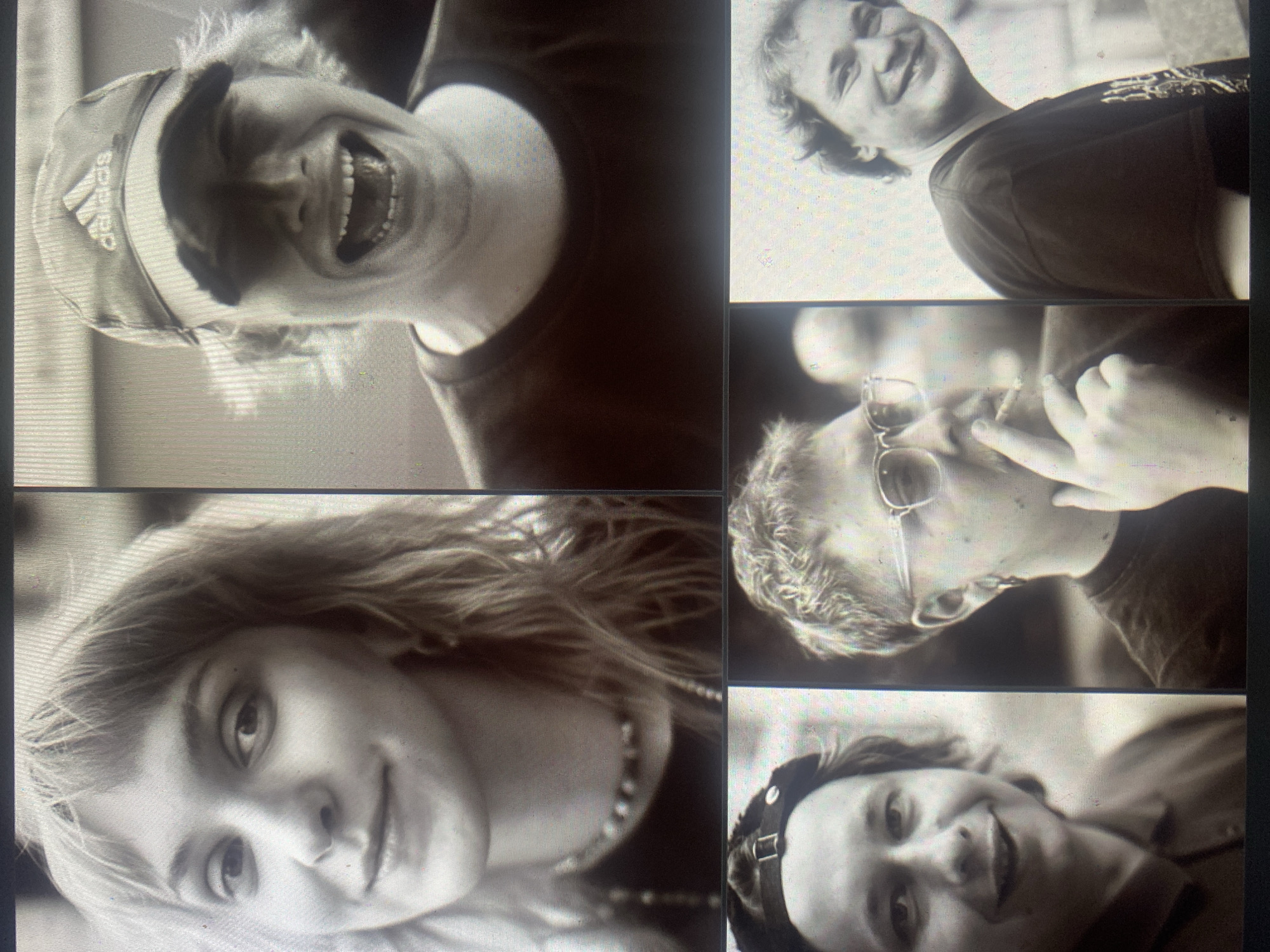 The image shows a grid of five black and white portrait photographs. The first photograph, located in the top left, depicts a person wearing a baseball cap and laughing with their mouth open. The top right photograph shows a smiling person with short hair. The middle right photograph portrays a person wearing glasses and holding a cigarette. The bottom left photograph features a woman with long, wavy hair and a necklace. The bottom right photograph shows a person with short hair and a headband. The location is Unknown, Unknown.