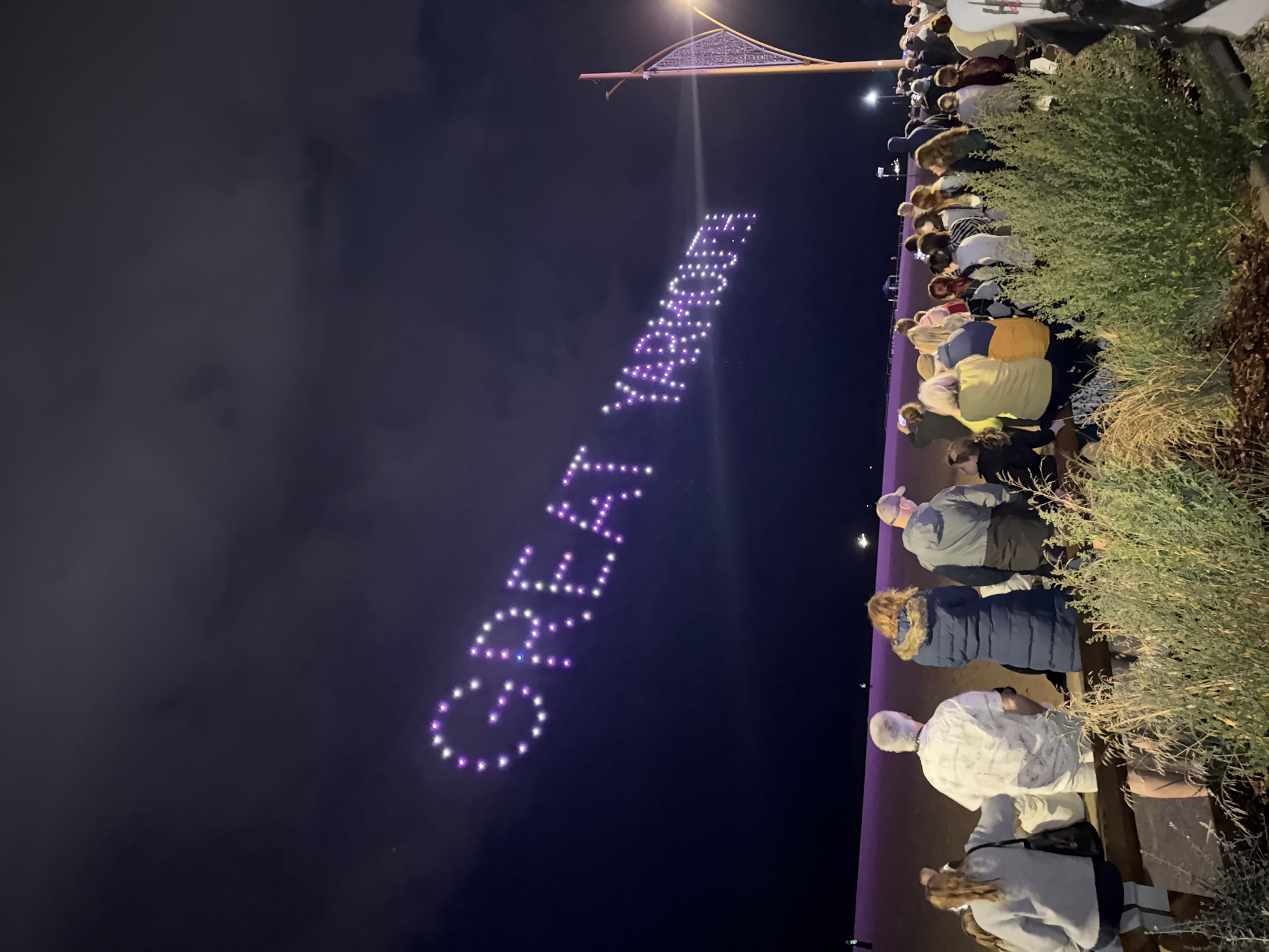 An aerial drone light show displays the words "GREAT YARMOUTH" in large, illuminated letters against a dark, cloudy night sky. The letters are formed by many small, bright lights, appearing in a gradient of white and purple. Below the sky display, a crowd of people stands on a beach or promenade, facing the sea and looking up at the illuminated words. The foreground is dominated by lush, green bushes and tall grasses. To the right, a modern street lamp with a distinctive triangular metal shade stands prominently, its light casting a warm glow. The overall scene captures an evening event, likely a public celebration or attraction, in the coastal town of Great Yarmouth, United Kingdom.