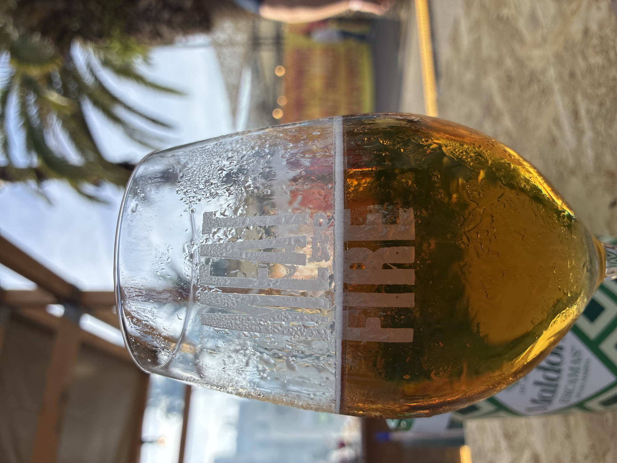 A close-up, eye-level shot features a glass of amber-colored beer, frosted with condensation, resting on a wooden table. The glass has white lettering that reads "MEAL" near the rim and "FIRE" below it. Behind the glass, a green and white patterned bottle is partially visible. The background is blurred, showing a palm tree and a light-colored awning or roof structure, suggesting an outdoor setting. In the distance, there are faint outlines of people and yellow and orange signage, possibly indicating a market or outdoor dining area. The lighting suggests daytime. The scene is likely in Barcelona, Spain, given the presence of a palm tree and outdoor ambiance often found in the city's coastal or leisure areas.