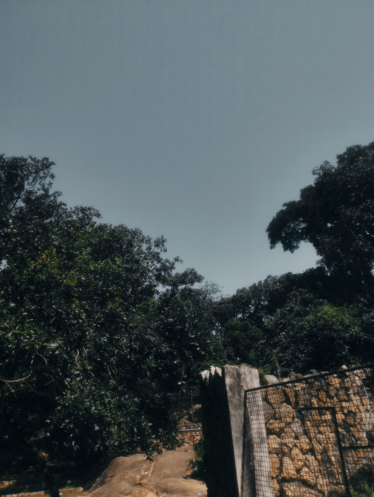 The image depicts an outdoor scene with lush green trees dominating the upper and left portions. The sky is a pale blue, appearing overcast or hazy. In the lower right quadrant, there is a stone wall constructed with rough-hewn rocks of varying earthy tones, interspersed with a wire mesh enclosure. Adjacent to the wall is a concrete structure, possibly a pillar or part of a building foundation, with a weathered and textured surface. A path made of rough, uneven earth and rocks winds its way upwards in the lower left and central areas. The overall impression is of a natural, somewhat overgrown environment, possibly a park or a residential area on the outskirts of Jos, Nigeria, given the presence of both abundant vegetation and man-made structures.