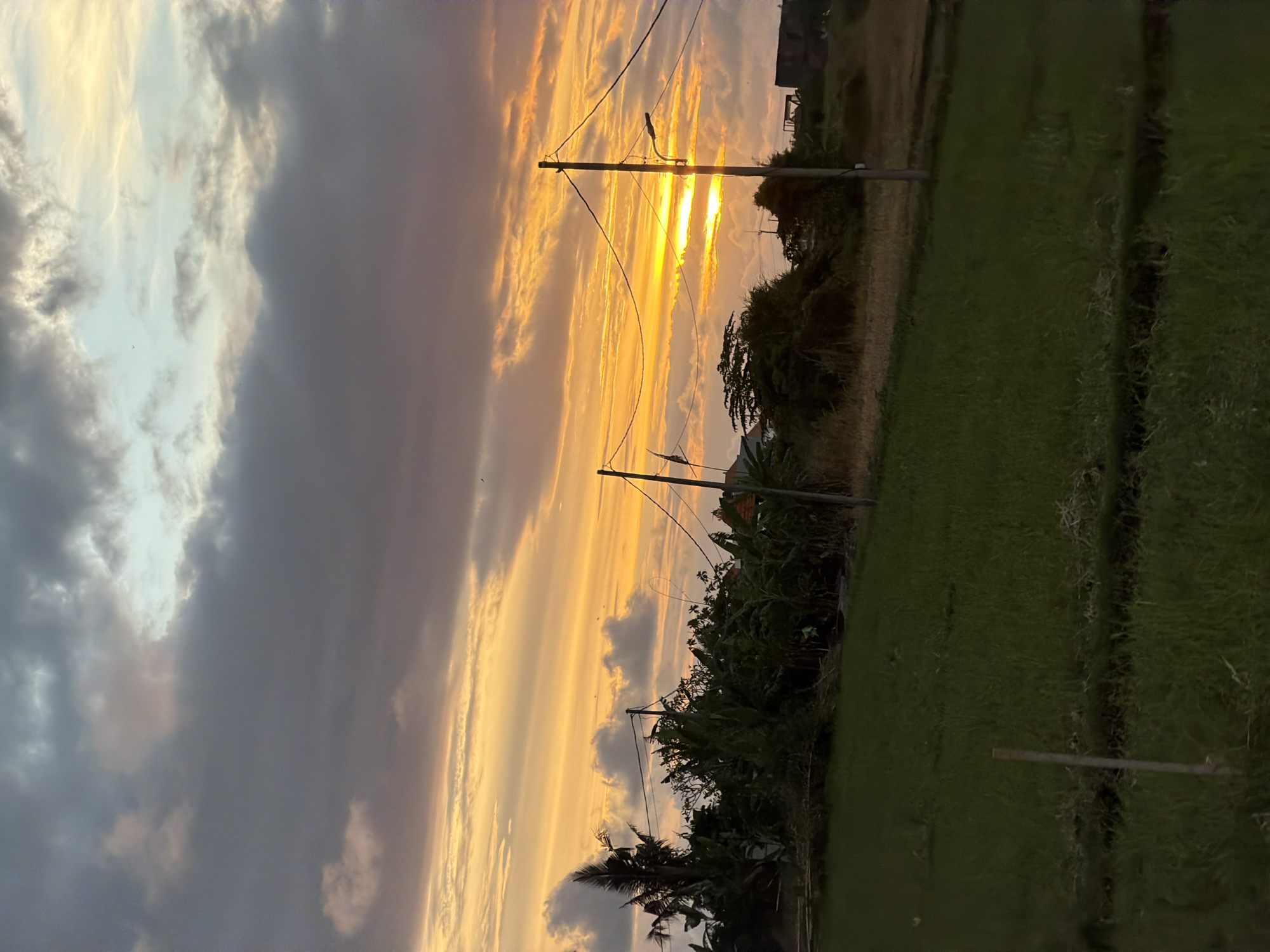 The image depicts a sunset over a field in Mengwi, Indonesia. The sky is filled with clouds, with a golden glow emanating from the setting sun. Power lines and poles run across the scene. Lush green vegetation and trees line the edge of the field. The field itself appears to be a rice paddy. There are no people visible in the image.