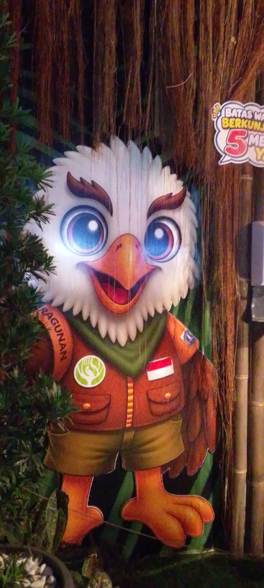 The image shows a cardboard cutout of a cartoon eagle with large blue eyes and an orange beak. The eagle is wearing a brown jacket with a green scarf, brown shorts, and orange feet. There is a circular logo on the left side of the jacket with a green bird symbol. A small Indonesian flag is visible on the right side of the jacket. The cutout is placed in front of a backdrop of hanging vines and bamboo. To the upper right of the eagle, there is a yellow and red speech bubble that reads "BATAS WAKTU BERKUNJUNG 5 MEI". This likely indicates a time limit for visits, possibly at a zoo or tourist attraction. The eagle cutout is partially obscured by green foliage on the left. The background appears to be dimly lit. This cutout is likely located at the Ragunan Zoo (Kebun Binatang Ragunan) in Pasar Minggu, South Jakarta, Indonesia, as the word "RAGUNAN" is visible on the eagle's left shoulder. Ragunan Zoo is a popular tourist destination in Jakarta.