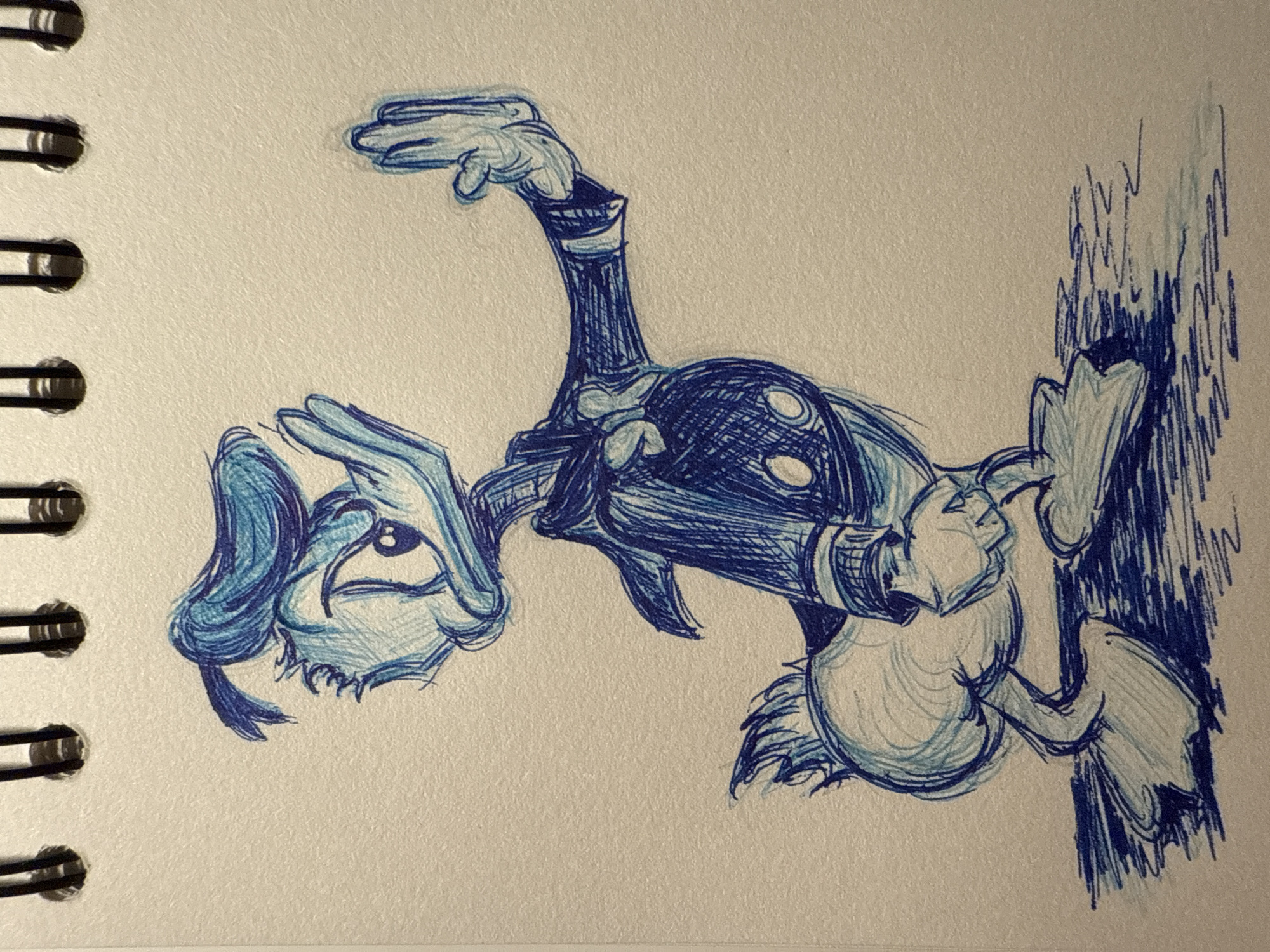 A blue pen sketch on textured white paper depicts a cartoon character, possibly Goofy, clinging to a wall. The character is rendered with cross-hatching for shading. The wall, represented by vertical lines, appears to be crumbling or breaking apart. The image is in a notebook, visible by the spiral binding on the left. There is no indication of Sofia, Bulgaria in the image.