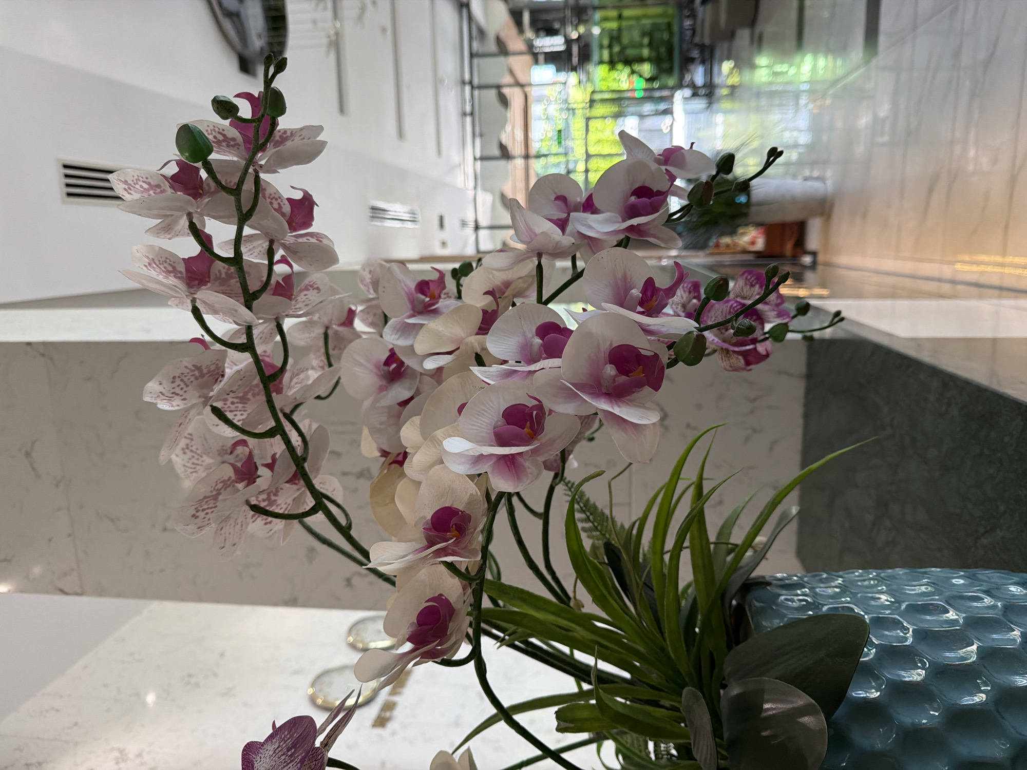 A close-up, eye-level shot focuses on a floral arrangement of white and pink orchids in a textured blue vase. The orchids are positioned in the foreground, with their delicate petals and green stems dominating the frame. The vase rests on a dark countertop. In the background, a modern interior space is visible, characterized by marble floors, white walls, and large glass windows. The reflections on the floor and glass suggest a well-lit, possibly commercial or hospitality setting. Through the windows, lush greenery and outdoor elements can be glimpsed, hinting at a location in Nha Trang, Vietnam, where such tropical flora is common and interior design often incorporates natural light and views. No people are present in the image.