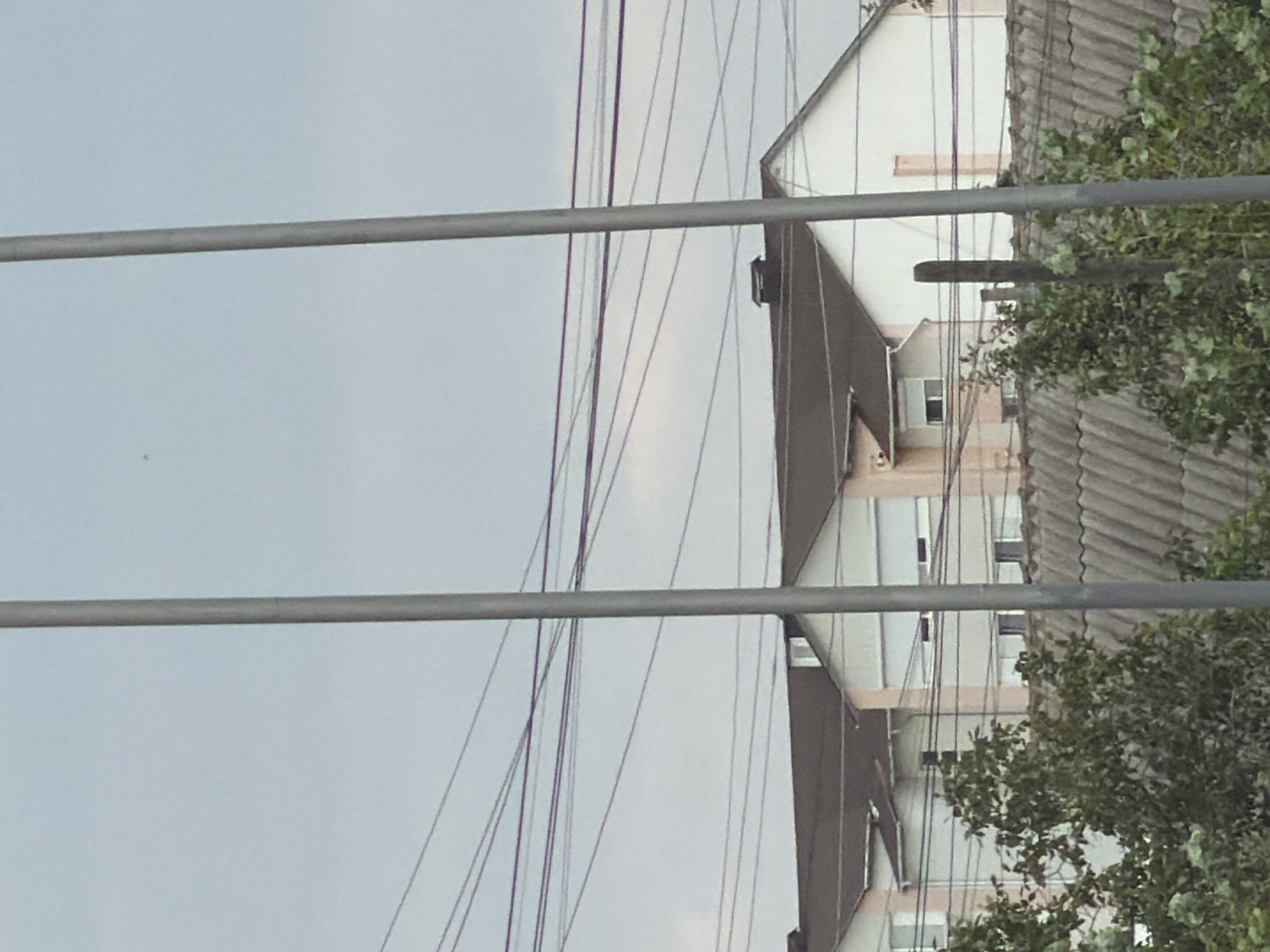 The image captures a view of residential buildings with white and pink facades, dark brown roofs, and windows with closed shutters. Several utility poles and a dense network of overhead wires are visible against a cloudy sky. In the foreground, there are trees and a corrugated roof. The scene appears to be from a residential area in Căușeni, Moldova. There are no people or vehicles depicted in the image.