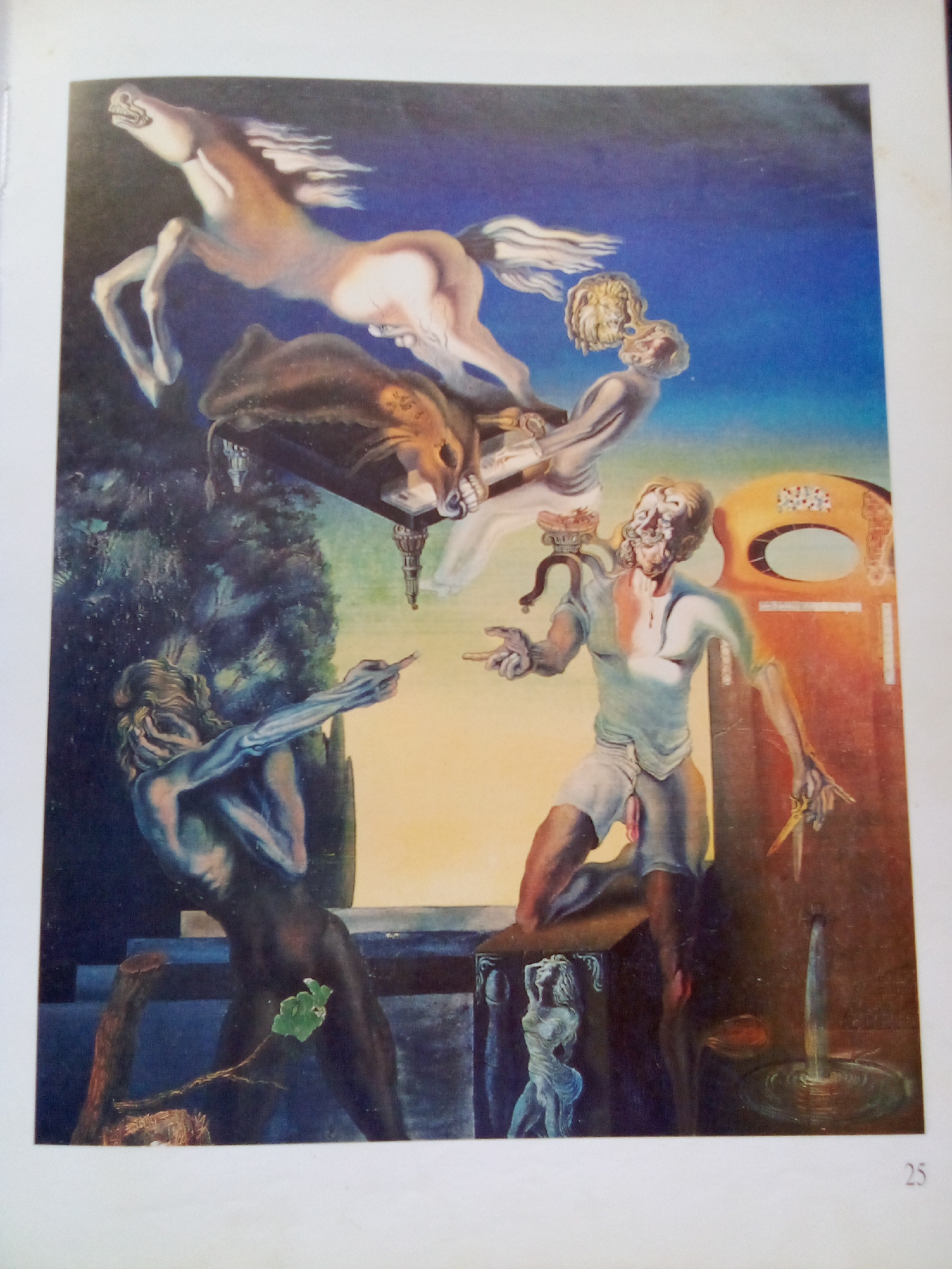 The image is a surrealist painting depicting a chaotic and dreamlike scene. In the upper portion, a horse in mid-air appears to be breaking through a dark, amorphous mass, possibly representing a landscape or another creature. Below the horse, a table is inverted, with decorative legs pointing upwards. One figure, with a distorted face and body, is reaching out with a scissor-like object. Another figure, partially obscured and appearing distressed, points with an outstretched arm. In the lower section, a dark, muscular figure with a branch growing from its body stands near a stone structure. To the right, a stylized representation of a woman is visible, and a fountain-like structure is pouring water into a circular pool. The background transitions from a dark, wooded area to a bright yellow and then a deep blue sky. The overall atmosphere is unsettling and symbolic. There is no indication or visual information within the image that would place it in the city of Zhmerynka, Ukraine.