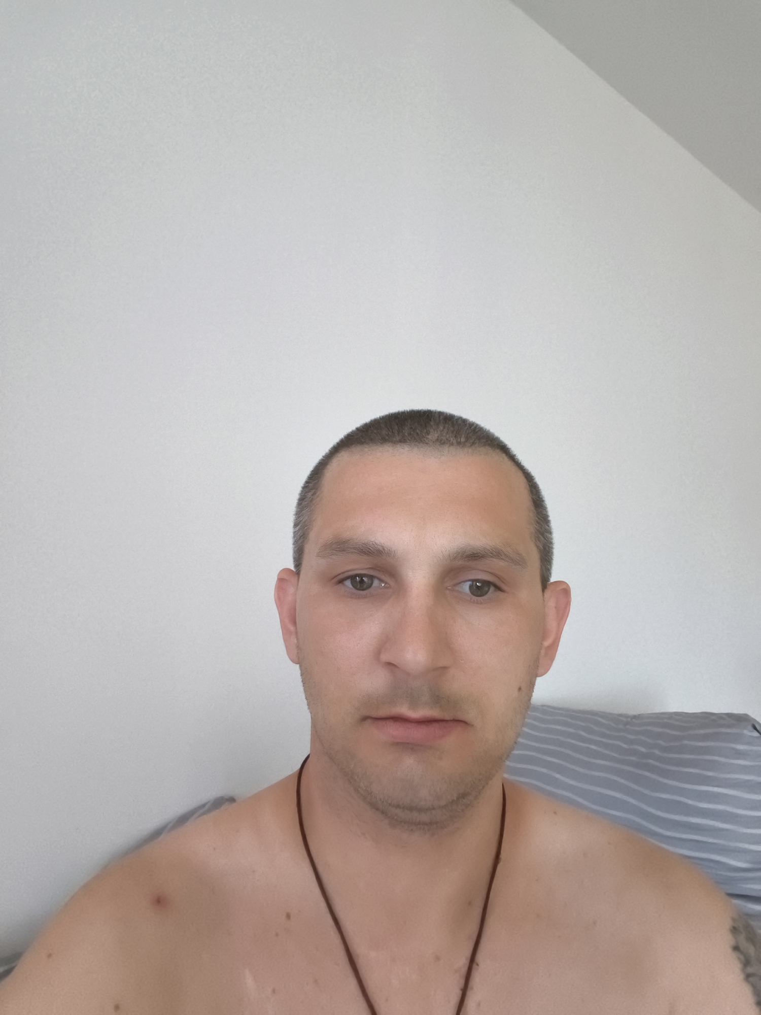 The image shows a close-up, waist-up, selfie-style portrait of a man with a shaved head, facing the camera. He has light skin, brown eyes, and stubble on his chin and upper lip. He is wearing a thin, dark brown cord necklace. His left shoulder is visible, with a small mole and a lighter-colored scar above it. A tattoo is partially visible on his right shoulder. He is positioned in front of a wall with a slight slope, and a striped pillow is visible behind his right shoulder. The image provides no specific context or information about the city of Wolgast, Germany.