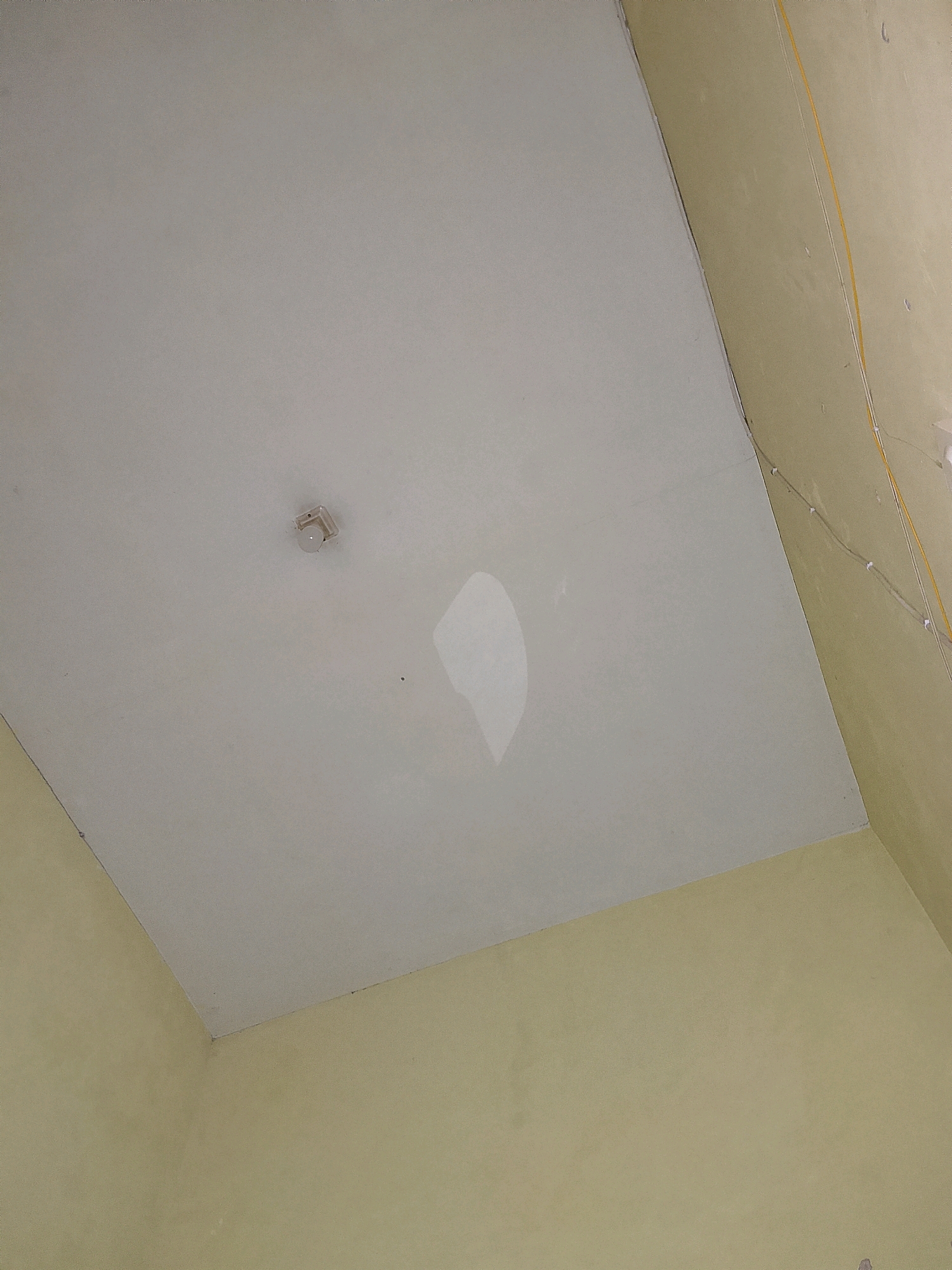 The image shows a close-up, low-angle view of a white ceiling with a faint discoloration, possibly indicating water damage or a repair, located in the center left of the frame. A small, white smoke detector is visible near the top center of the ceiling. To the right of the ceiling, a pale yellow wall is visible, with several electrical wires running vertically along it, secured by white clips. The lighting in the scene is soft and diffused. The image does not provide any specific information about the city of Pelaihari, Indonesia, nor does it depict any people, actions, or interactions.