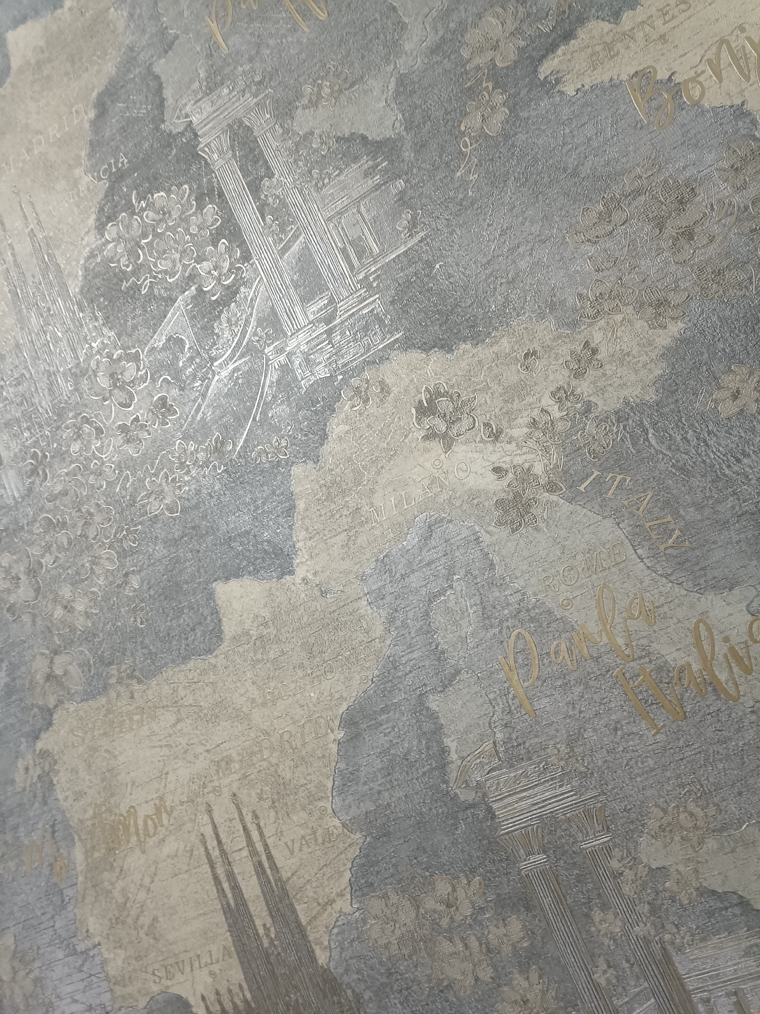 The image displays a close-up view of wallpaper with a map-like design featuring faded text and architectural elements. The wallpaper has a textured appearance, with areas of light and dark gray, and lighter beige or cream-colored sections. Visible text includes "MADRID," "VALENCIA," "MILANO," "ITALY," "ROME," and what appears to be "SEVILLA." There are also stylized drawings of classical columns and floral motifs. In the lower right section, there's a golden script that reads "Parigi Italia." The wallpaper design evokes a travel or European city theme. The image does not depict any people, actions, or interactions. It is a still image of a decorative surface. The location in the city of Giaginskaya, Russia, is not evident from the image itself.