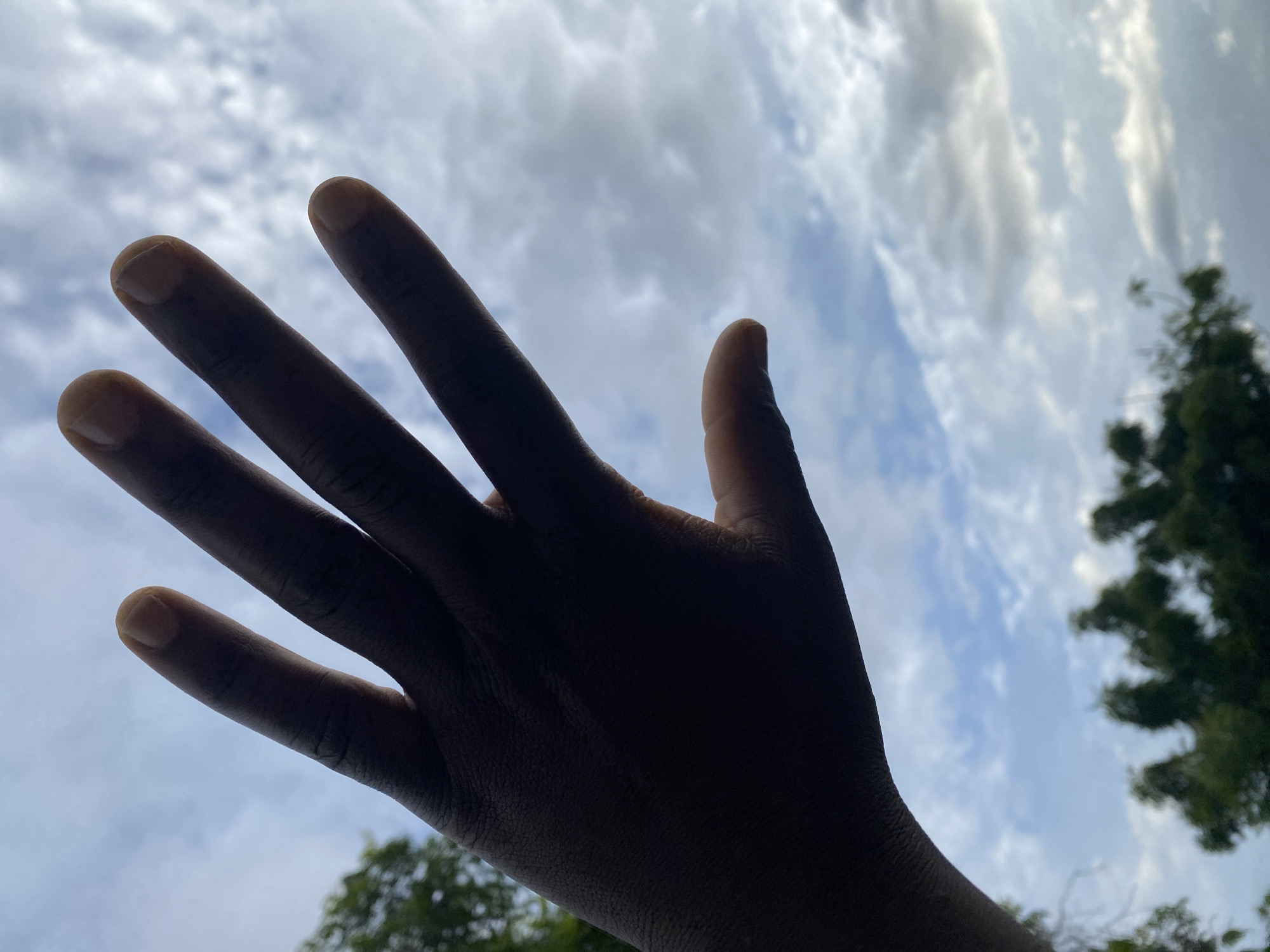 A close-up, low-angle shot shows a dark-skinned hand held up against a cloudy sky. The hand, silhouetted by the light, is positioned with fingers spread, partially obscuring the view of the sky. The background consists of a mixture of white and gray clouds with patches of blue sky visible. In the lower portion of the frame, out of focus, is a silhouette of green trees. The image does not depict any specific location in Maigizo, Nigeria, nor does it offer any contextual information about the environment or any individuals present.