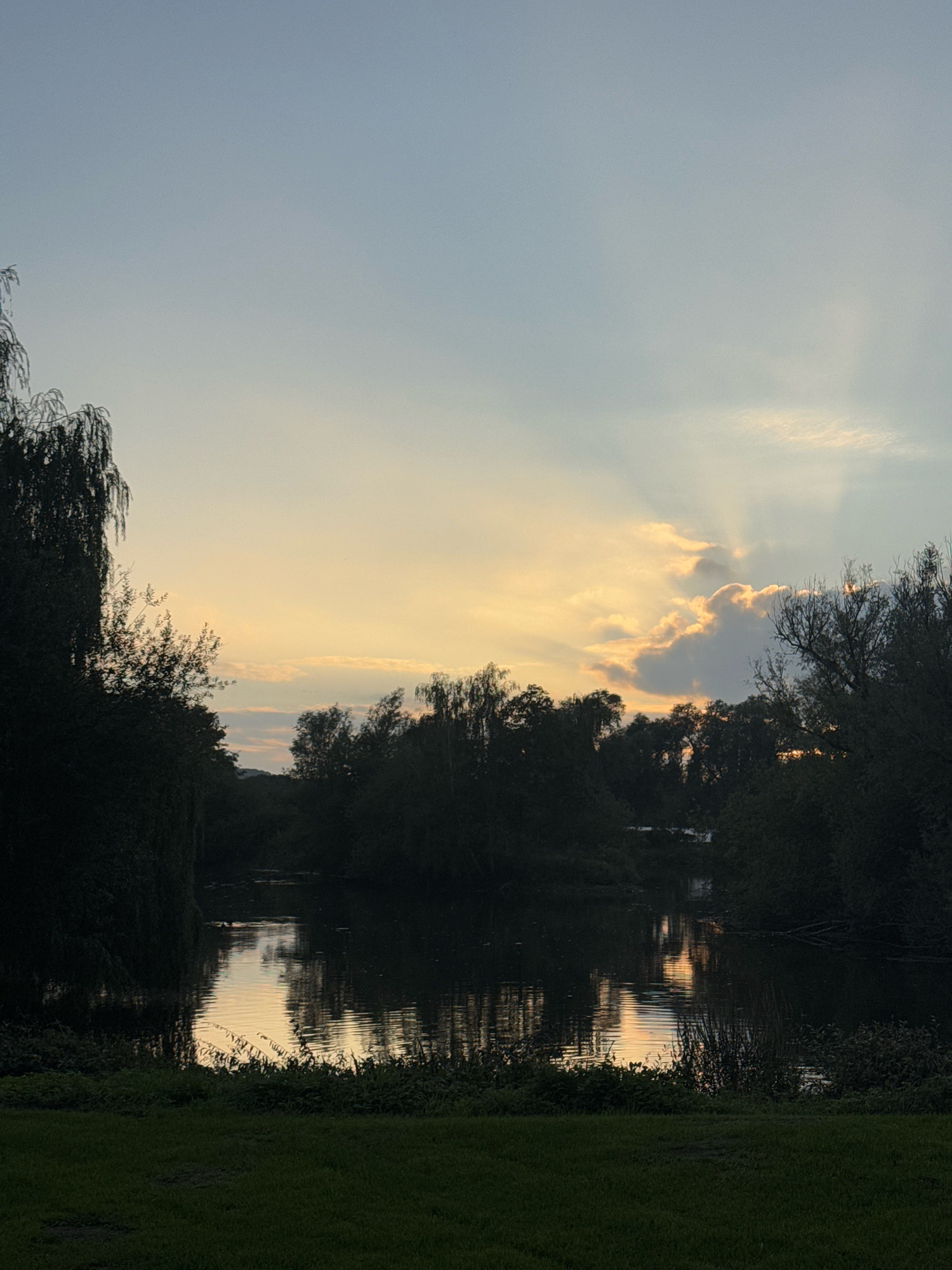 The image shows a tranquil lake scene at dusk, likely in the city of Cleves, Germany. Dark silhouettes of trees and foliage frame the water. The sky is a gradient of pale blue to soft yellow, with patches of clouds illuminated by the setting sun, casting crepuscular rays. The water's surface reflects the sky and the surrounding trees, with gentle ripples distorting the reflections. A strip of green grass is visible in the foreground. There are no people or discernible animals in the frame. The overall impression is one of serene natural beauty in the late evening light.