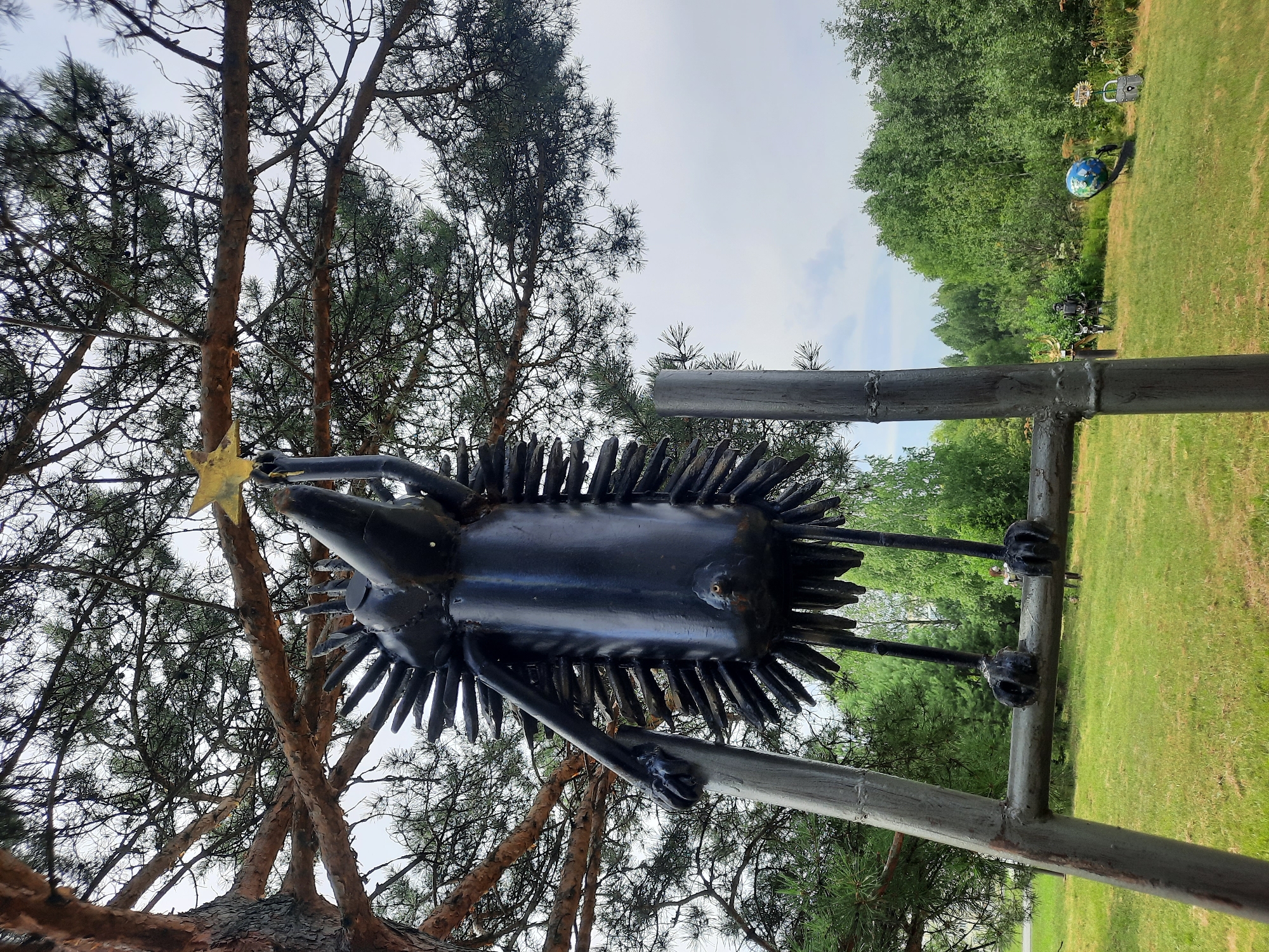 A black metal sculpture of a hedgehog is depicted outdoors, reaching for a yellow star above it. The sculpture is positioned on a ladder made of metal poles, with its feet resting on a horizontal bar of the ladder. The hedgehog sculpture is intricate, with spiky details resembling quills and a long snout. Its left arm is extended upwards towards the star.
The background shows a grassy field with trees and a cloudy sky. In the distance, other metal sculptures are visible, including a globe and a padlock. The scene appears to be in a park or an outdoor art exhibition. The specific location is identified as the city of Zelenogorsk, Russia. There are no people clearly visible interacting with the main sculpture, though there might be some figures in the far distance with other sculptures. The environment is natural, with a focus on the sculptures as the primary subject.