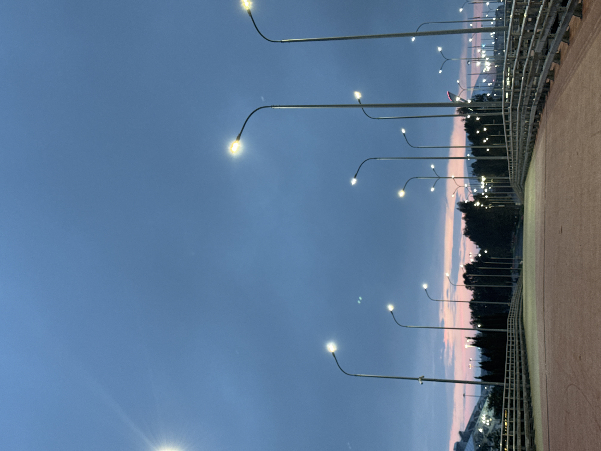 Captured at twilight in Sirius, Russia, the image showcases a pedestrian bridge lined with evenly spaced lampposts illuminating the path. The lamps emit a warm glow against the deepening blue sky, transitioning to a soft pink horizon. A metal railing runs along the edge of the bridge, parallel to the row of lights. The walkway itself is a muted shade of gray, and glimpses of trees and city lights are visible in the background. No people are visible in the scene.
