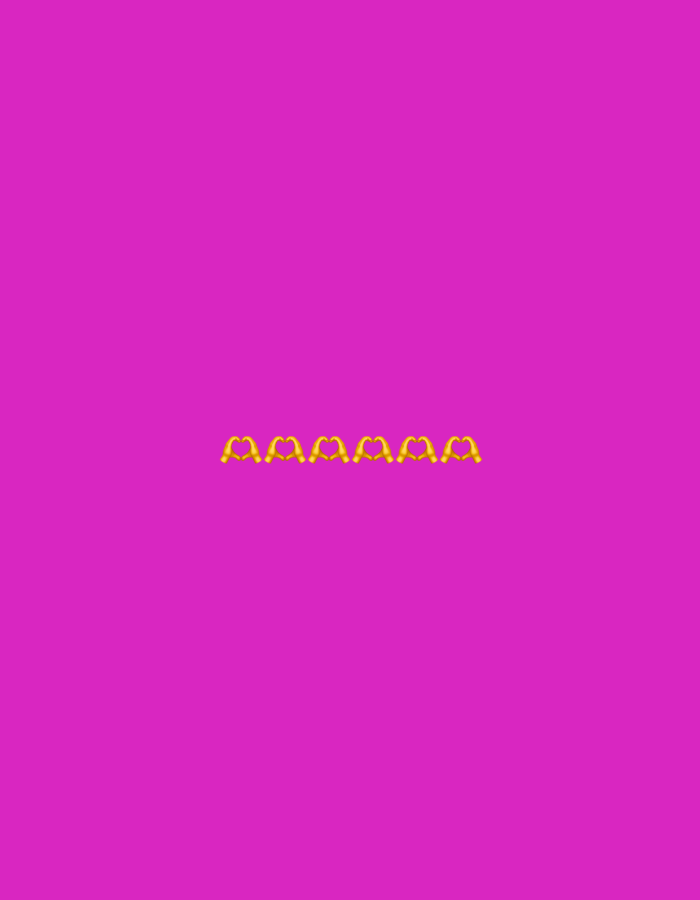The image is a photograph of a bright magenta background with a horizontal line of seven yellow hand heart emojis centered vertically and horizontally. There are no people, identifiable landmarks in Gorzow, Poland, or any other environmental details present in the image. The scene is entirely abstract.