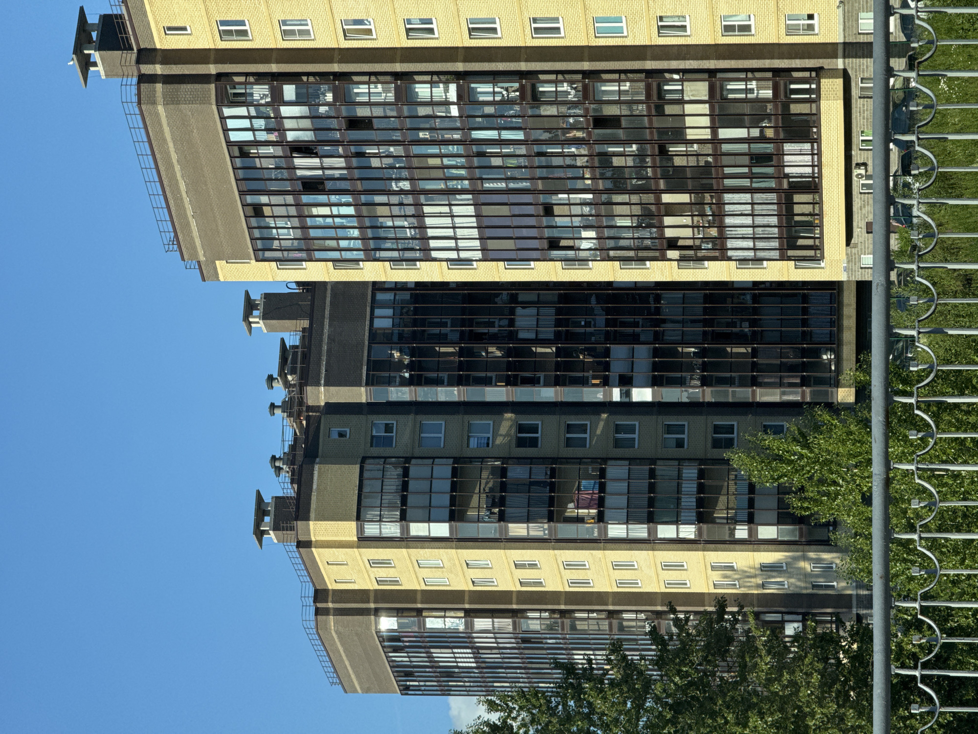 The image shows a clear blue sky over a row of modern, multi-story apartment buildings in Saint Petersburg, Russia. The buildings are primarily constructed with light yellow brick and feature large, dark-framed windows, many with balconies. Chimneys and ventilation systems are visible on the rooftops, along with metal railings. Trees with green foliage are present in the foreground and around the base of the buildings. A silver metal fence runs across the bottom of the image, obscuring a view of the ground level which appears to have some vegetation and possibly parked cars. The buildings have a contemporary architectural style, common in newer urban developments.