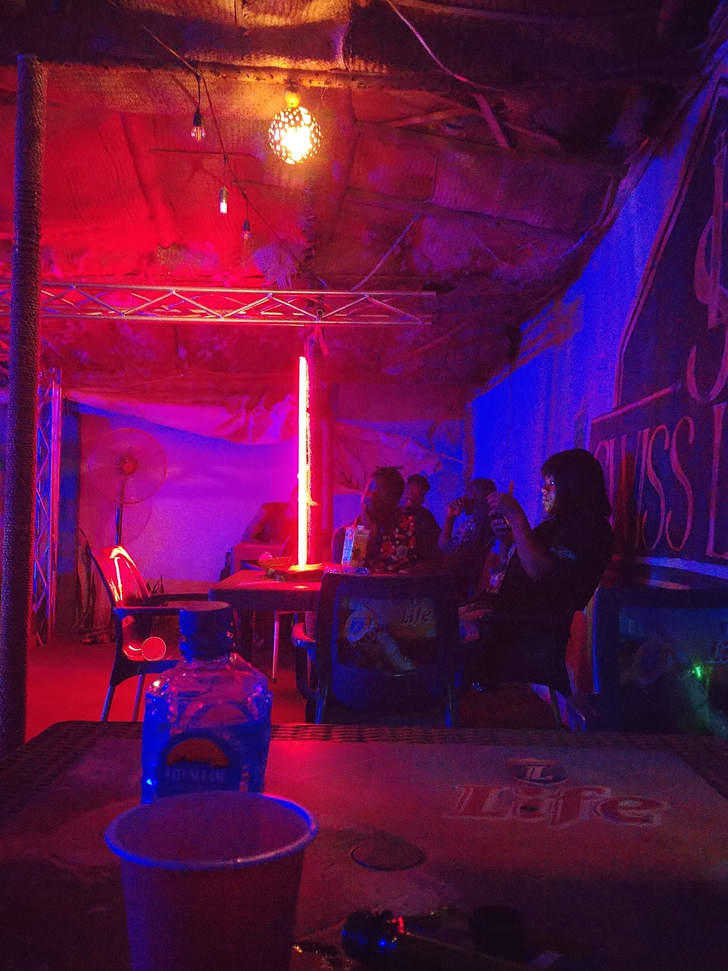 The image depicts an indoor setting in a location identified as "Swiss L." Several individuals are present, including a woman in a black shirt taking a picture. There are men at a table, one wearing a lei, and others drinking. The room is lit with red and blue lighting, and decorated with a disco ball and neon lights. A fan is visible in the background. In the foreground, there is a cup and a bottle of water on a table with a "Life" logo on it.