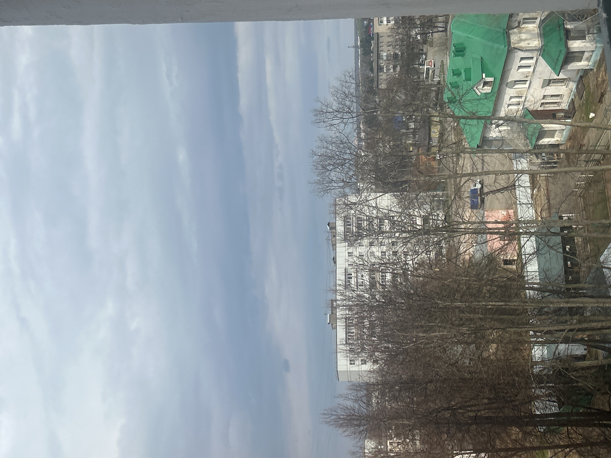 A slightly rotated, medium-range daytime shot shows a cityscape in what appears to be Chaikovsky, Russia. A mostly overcast sky takes up about half the frame. Below the sky are several tall buildings, mostly white, with uniform rows of windows. In the foreground, bare tree branches obscure parts of the buildings. To the right, a building with a green roof is visible. A street runs between the buildings. No people are clearly visible.