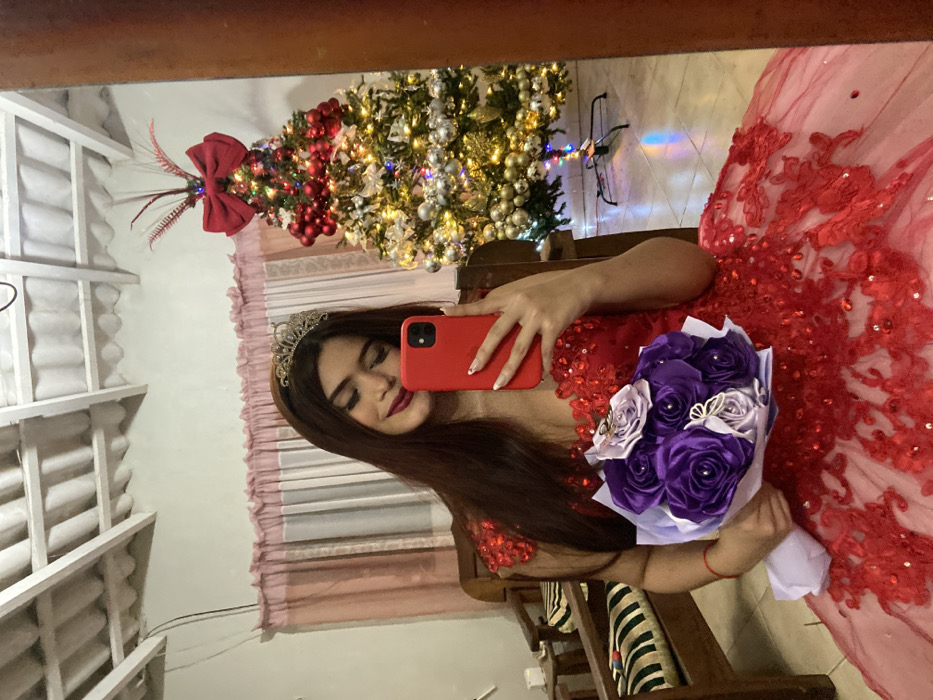 A young woman in a red gown and tiara takes a selfie in a mirror. She is holding a purple and lavender rose bouquet. A Christmas tree with a large red bow and ornaments is visible in the mirror's reflection, along with curtains and the ceiling. The phone she is using to take the picture is red.