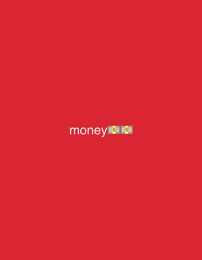 The image displays a minimalist composition set against a solid, vibrant red background. Centered horizontally on this background is the white text "money," rendered in a clean, sans-serif font. Immediately following the word "money," to its right, are three identical money bag emojis. Each emoji depicts a green bag or sack with a prominent yellow dollar sign ($) symbol on its front, signifying currency or wealth.
There are no people or specific objects other than the text and emojis visible. The scene is abstract, devoid of any discernible setting, activity, time of day, or weather conditions. The image focuses solely on the textual and symbolic representation of the concept of "money."