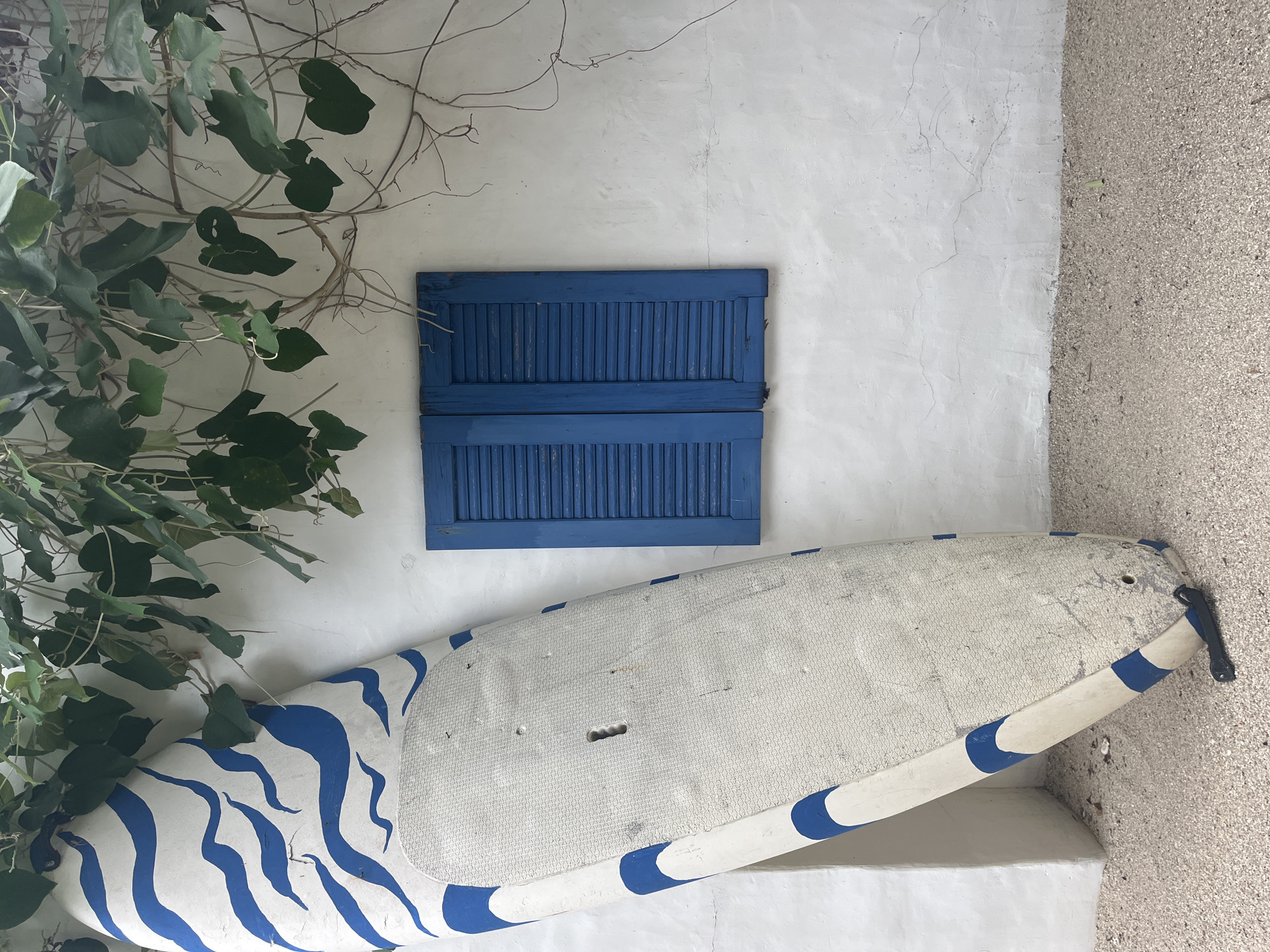 A close-up shot shows a white and blue striped surfboard leaning against a textured white wall. The surfboard is positioned vertically, with its bottom end resting on a surface of small pebbles and sand. Above the surfboard, green vines with large leaves hang down, partially obscuring the wall. To the right of the surfboard, a closed window with bright blue shutters is visible on the white wall. The scene is devoid of people, and the overall impression is one of a serene, outdoor coastal setting. The image's composition, featuring natural elements like the surfboard, vines, and pebbles, alongside architectural features like the wall and shutters, suggests a location in the Ko Pha-ngan District of Thailand, known for its beaches and tropical environment.