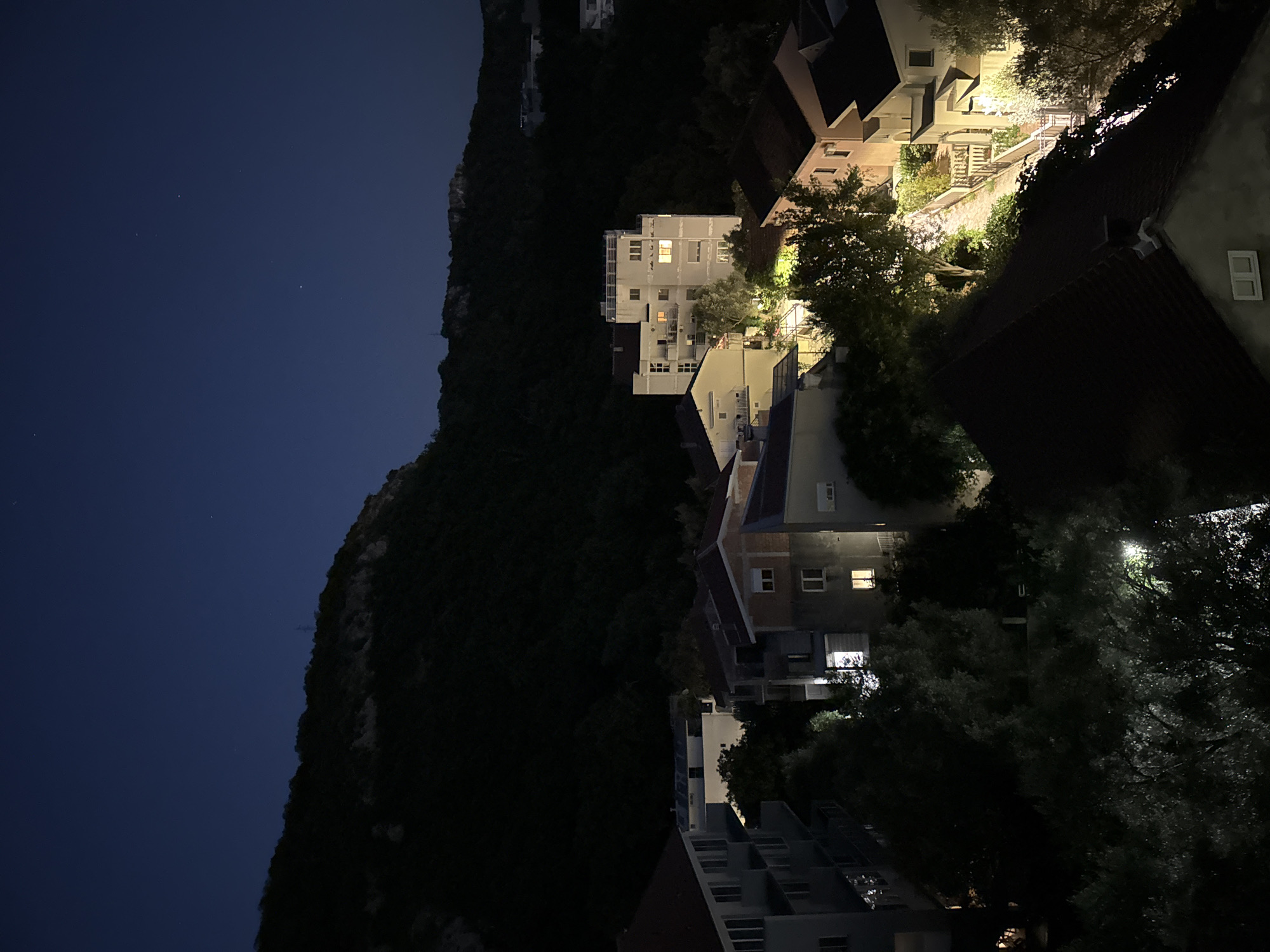 The image captures a nighttime view of the coastal town of Rafailovići, Montenegro. The scene is dominated by the dark silhouette of a verdant hillside that forms the backdrop to the residential area. Several buildings, varying in architectural style and illumination, are nestled into the slope.
In the foreground, a cluster of houses with tiled roofs are visible. One house on the right features a lit window and a bright light illuminating a pathway leading up the hill. To the left, a taller, modern apartment building with balconies is illuminated by internal lights.
Further up the hill, a larger, white multi-story building stands out with several windows glowing warmly. Smaller buildings and houses are scattered throughout the middle ground, some showing signs of illumination, suggesting occupancy. Trees and vegetation are interspersed among the structures, creating a sense of integration with the natural landscape.
The sky above is a deep, dark blue, indicative of late evening or night, with a few faint stars visible. The overall atmosphere is tranquil and residential, typical of a quiet evening in a European coastal town. No people or specific actions are discernible in the image. The composition focuses on the built environment and its relationship with the natural topography under the cover of darkness.