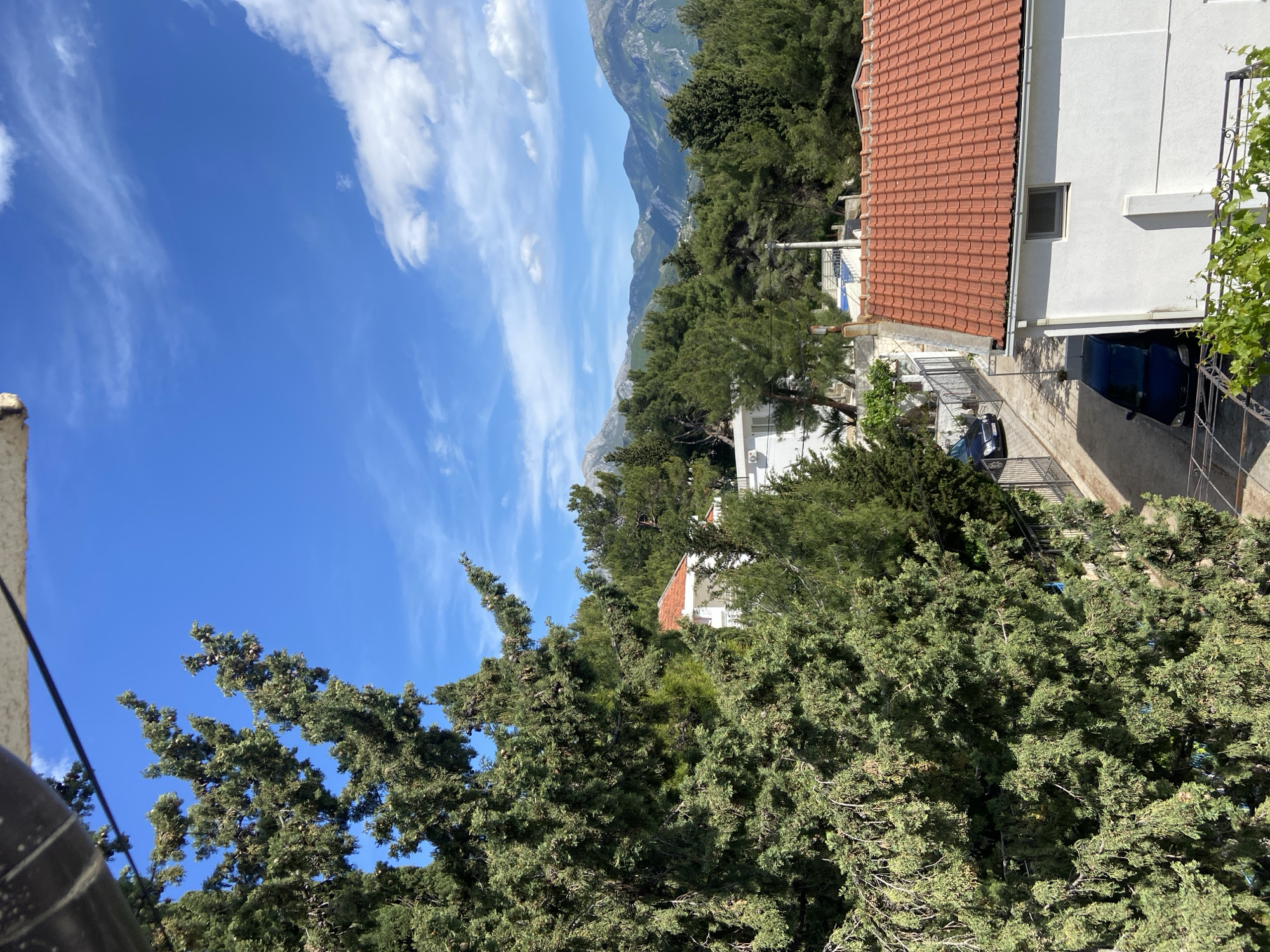 The image depicts a hillside view from Šušanj, Montenegro. Dominating the foreground are coniferous trees, obscuring much of the view. Interspersed among the trees are several white buildings with red-tiled roofs. A two-story house with a visible car parked underneath is present. In the background, mountains are visible against a blue sky with scattered white clouds.