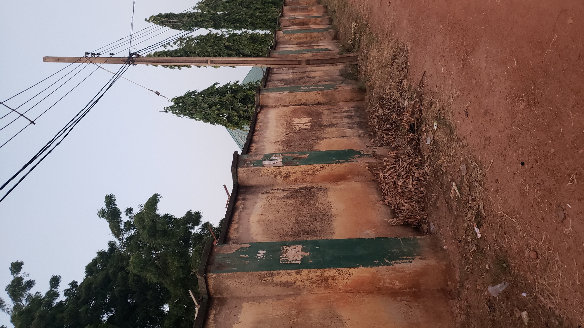 This is an eye-level, medium shot of a weathered, concrete wall with green painted vertical accents, likely part of a property boundary. The wall is in a state of disrepair, with peeling paint and streaks of dirt. A pile of dry leaves and some scattered debris are visible along the base of the wall. Behind the wall, several tall, narrow evergreen trees are visible, with the roof of a building peeking out between them. Overhead, electrical wires are strung between utility poles, with one pole prominently featured on the right side of the image. The ground in the foreground is a reddish-brown dirt path, with sparse dry grass and more scattered debris. The sky is overcast and a pale blue. The overall scene suggests an outdoor location in a city or town, possibly with older infrastructure. The context of Jalingo, Nigeria, implies a tropical or subtropical climate, consistent with the presence of evergreen trees and the dry, dusty ground. The image captures a mundane, everyday scene rather than a specific event.