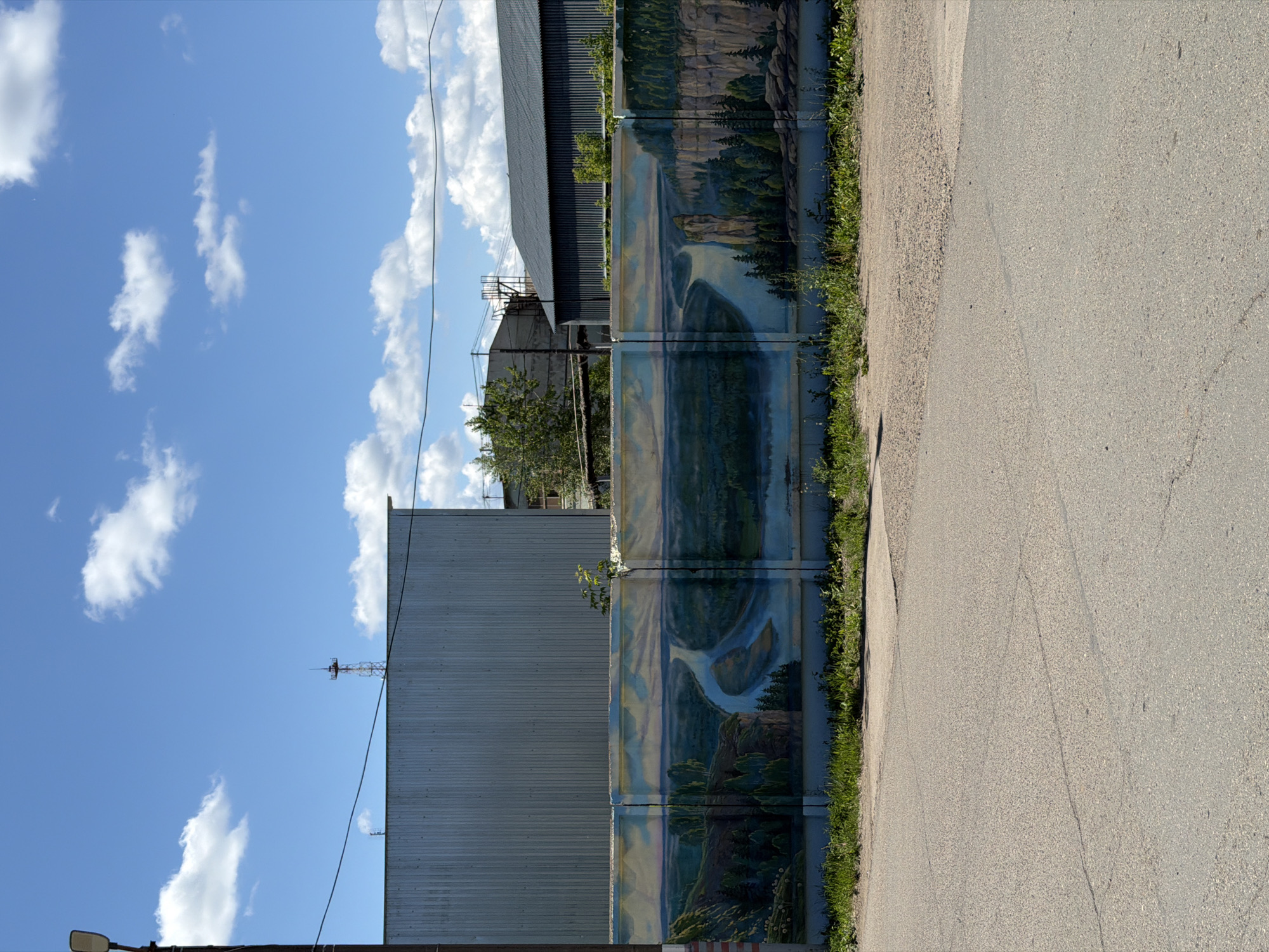 The image depicts a mural painted on a concrete fence located in the city of Chaikovsky, Russia. The mural showcases a scenic landscape featuring a winding river flowing through a valley surrounded by lush green forests and rocky cliffs. The sky above is a clear blue with scattered white clouds, suggesting a pleasant day.
In the background, several industrial buildings are visible. To the left, a tall, ribbed metal structure dominates the scene, possibly a warehouse or factory. Further back, other buildings with darker roofs and some construction elements can be observed. A street lamp stands on the left side of the image, and power lines stretch across the sky.
The fence itself is made of concrete panels, and the mural is painted across multiple panels, creating a continuous panorama. Green grass and some weeds grow along the base of the fence. The foreground shows a cracked asphalt road, indicating a utilitarian or industrial area. The overall impression is one of an urban industrial setting enhanced by a vibrant, naturalistic mural.