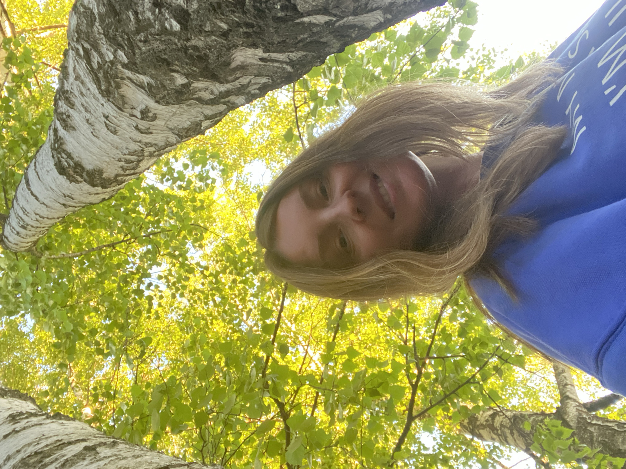 This image is captured from a low-angle perspective, looking upwards through the dense canopy of a forest or park. The scene is dominated by the vibrant green leaves of numerous trees, through which bright patches of clear blue sky are visible, indicating a sunny daytime setting.
A young woman is partially visible in the upper right portion of the frame, looking down towards the camera with a gentle, faint smile. Her long, light brown hair frames her face, and her right ear is visible, possibly with an earbud or hearing aid. She is wearing a blue long-sleeved top, likely a sweatshirt. Partial white text in an uppercase font is visible on her right shoulder/upper arm, but is too indistinct to read.
Prominent features in the foreground and mid-ground are the distinctive trunks of birch trees, characterized by their white and black peeling bark. One large trunk runs diagonally across the upper left of the frame, while another is partially seen at the bottom left. The abundance of birch trees and their specific foliage are consistent with the provided location context of Noviy, Russia. The overall mood is one of natural tranquility and a casual, pleasant moment.