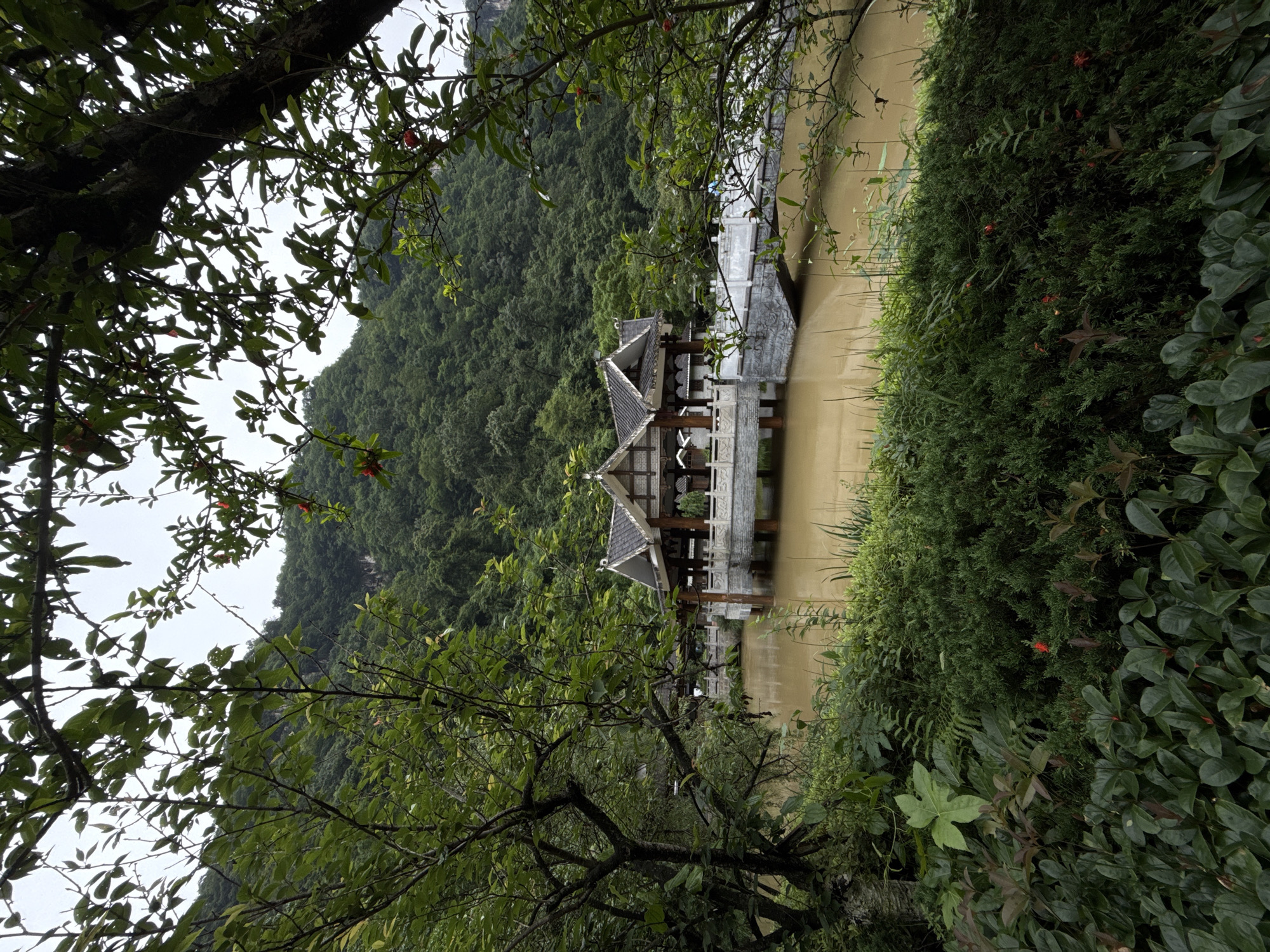 The image captures a scene in Jundiping, China. A traditional Chinese pavilion with a tiled roof stands in a body of water, possibly a river or lake. The water is murky brown. The pavilion is grey, with wooden supports. The foreground is framed by foliage: trees and bushes on the left, and dense greenery on the right. A steep, forested mountain is visible in the background, covered in lush, green trees. The sky is overcast.