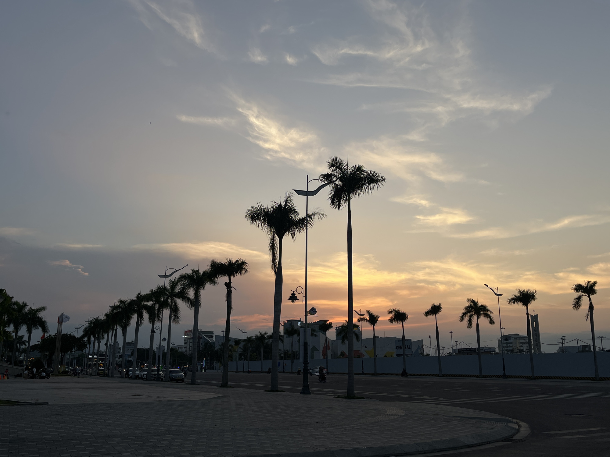 The image depicts an urban streetscape in Đà Nẵng, Vietnam, captured during sunset or dusk. The scene is dominated by a long row of tall palm trees lining a wide, paved road, their forms silhouetted against the vibrant sky. The sky displays a beautiful gradient of light blue-grey at the top, transitioning into soft yellow, orange, and pink hues closer to the horizon, with wispy, scattered clouds. A small, dark bird is visible in flight in the upper left section of the sky.
In the foreground, a tiled pedestrian area curves along the left side of the frame, meeting a multi-lane asphalt road that stretches into the distance. Along the left edge, beyond the initial few palm trees, more faint silhouettes of people and motorbikes suggest activity, and flags are visible on poles. Distant buildings behind the tree line show faint signs, including "Bon Appetit" and "McDonald's." Further into the mid-ground, a long white barrier or wall separates the road from additional buildings, one of which clearly displays the text "CENTRAL." Distinctive streetlights with curved arms are interspersed among the palm trees, adding to the urban infrastructure. The overall atmosphere conveys a serene end-of-day moment as artificial lights begin to complement the fading natural light.