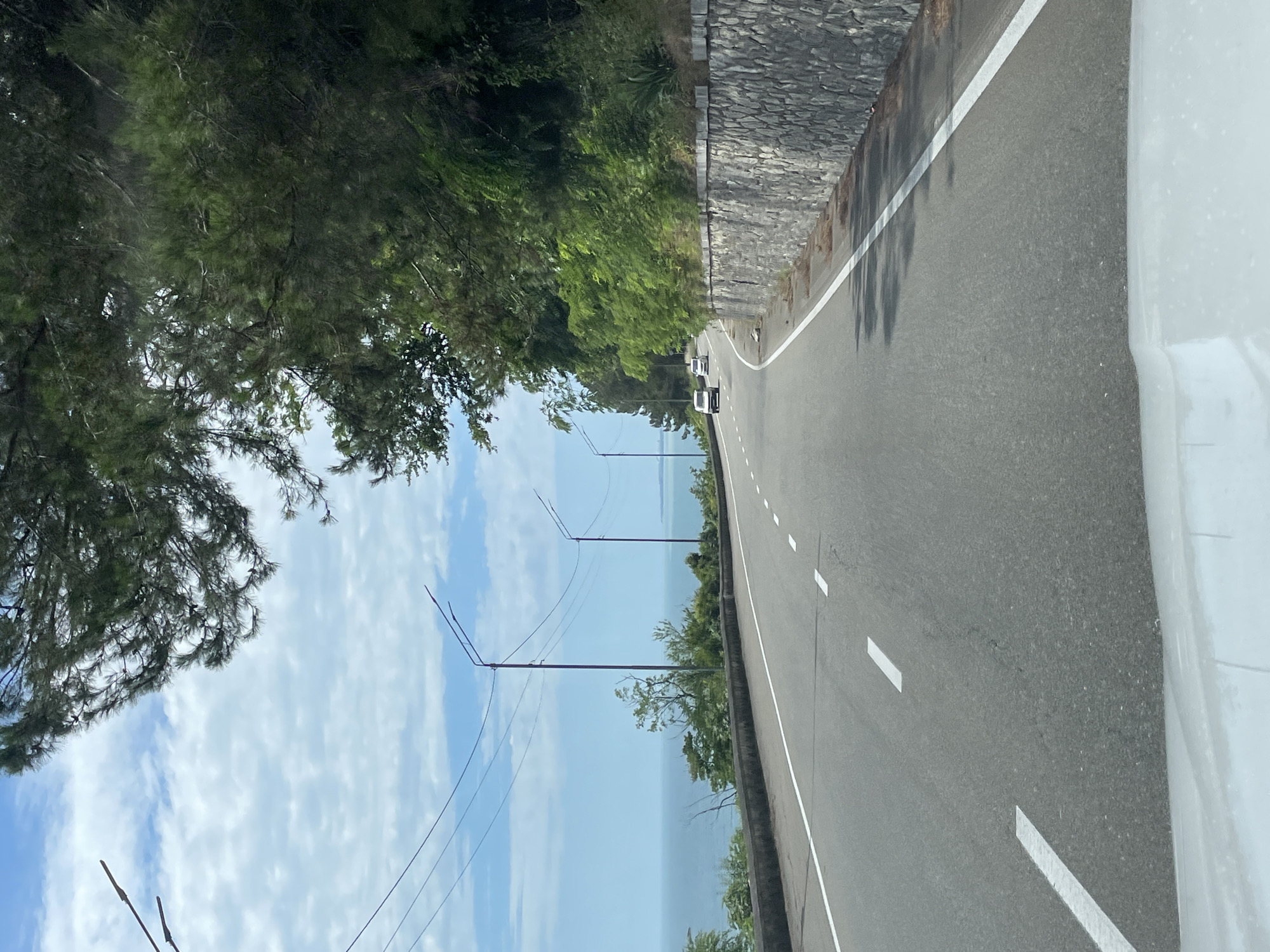 The image shows a two-lane asphalt road winding along a coastline with a stone retaining wall on the right side. Tall green trees and foliage line the right side of the road, creating a dense canopy in some areas. On the left, the blue sea stretches to the horizon under a sky with scattered white clouds. Two streetlights with visible wires are positioned along the left side of the road, and two white cars are visible driving in the same direction as the camera. The foreground shows the hood of a white vehicle. The scene appears to be captured from a moving vehicle.
