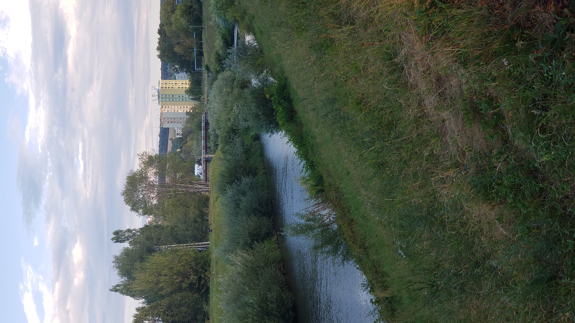 The image shows a river flowing through a grassy embankment, with trees and buildings visible in the background. The river has a calm surface with visible ripples. On the left bank, there is a dense growth of green bushes and some taller trees. A power pole stands among the trees on the left side of the image. The right bank is covered in tall, green grass, with some dry grass mixed in. In the distance, across the river, there is a bridge with a white vehicle on it. Further back, several multi-story apartment buildings with a light-colored facade and visible windows are situated, some featuring antennas on their roofs. The sky is partly cloudy with shades of blue and white. The scene appears to be a natural setting within or near a city, likely a park or a recreational area alongside a waterway. The architecture of the buildings suggests an urban environment. Based on the visual cues, particularly the architecture and surrounding landscape, this scene is highly likely to be located in Prešov, Slovakia, a city known for its residential areas and green spaces along rivers.