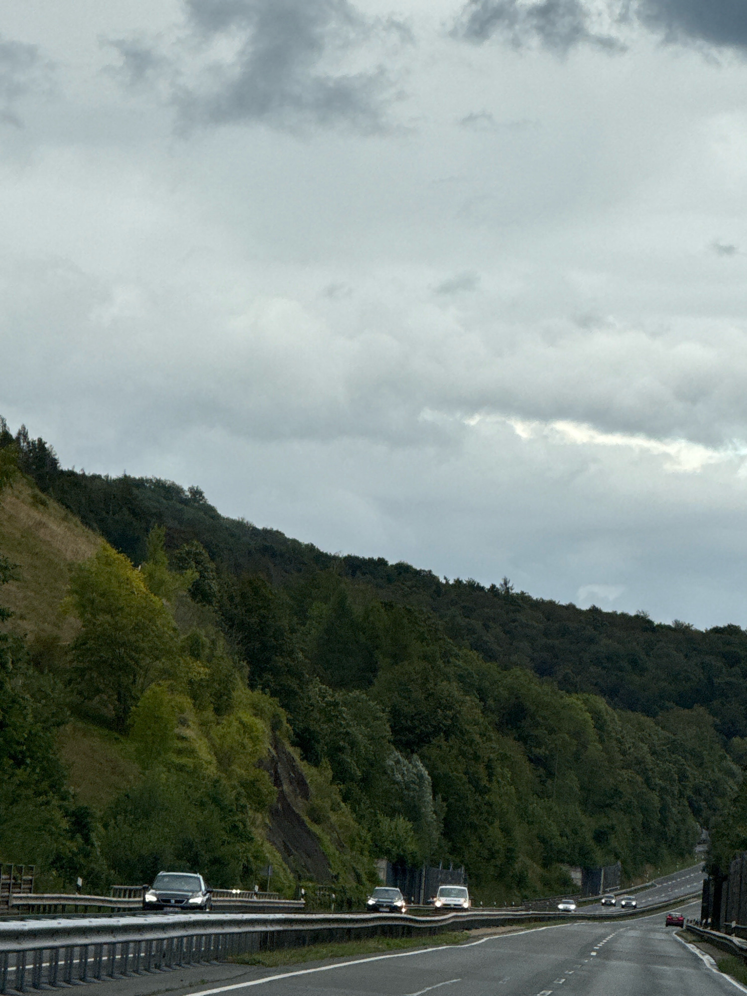The image depicts a cloudy day on a highway in Herzberg, Germany. A multi-lane road curves to the right, bordered by a metal guardrail. A dark sedan is driving in the left lane, its headlights on. To the right of the road, a dense forest covers a steep hillside. The sky is filled with overcast, grey clouds.