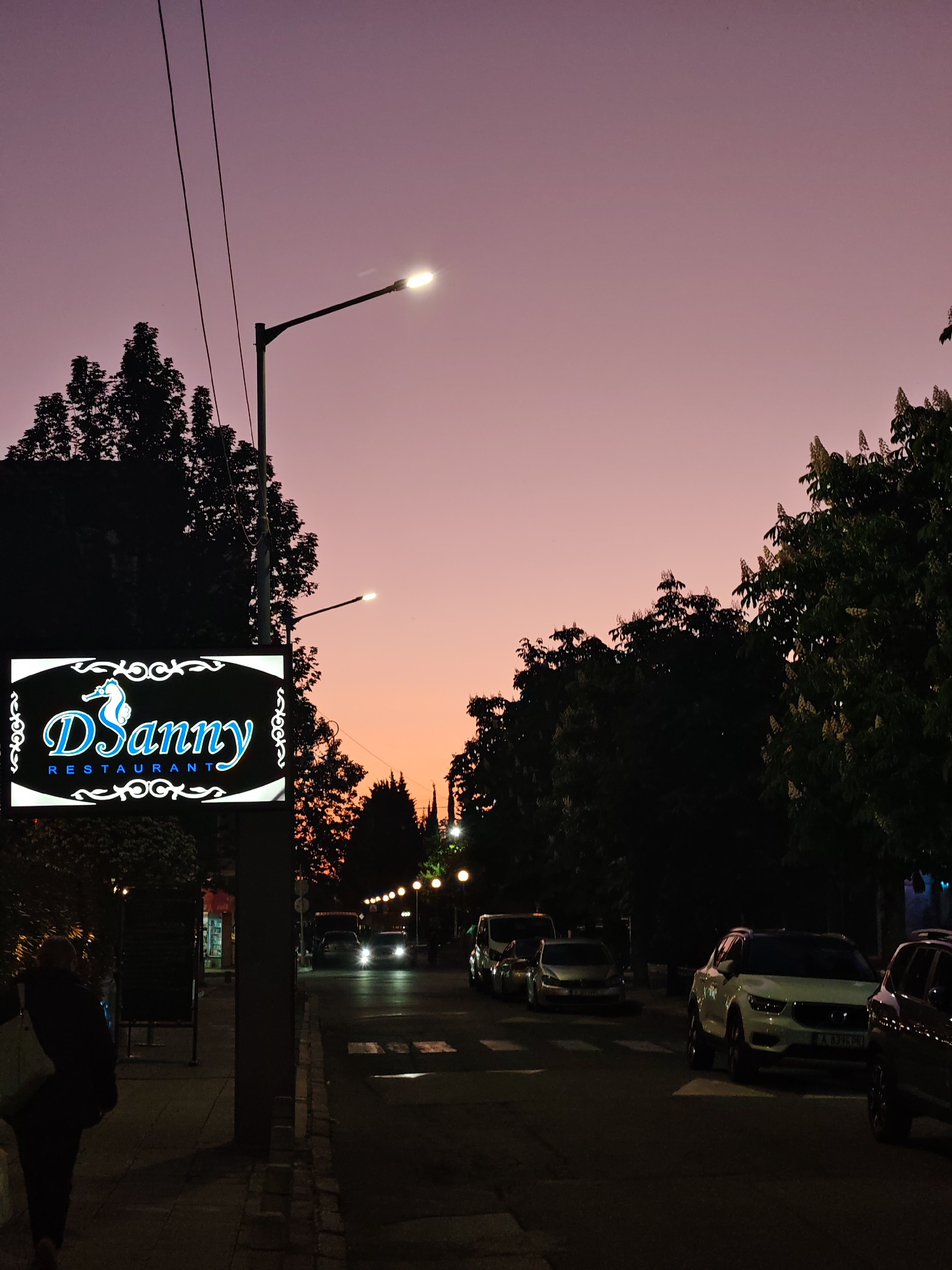 The image shows a street scene at dusk in Nesebar, Bulgaria. A neon sign for "DSanny Restaurant" is prominently displayed on the left. Cars are parked along the right side of the street, with headlights visible from vehicles in the distance. A pedestrian is walking on the sidewalk to the left. Streetlights illuminate the scene. The sky transitions from orange near the horizon to purple. Trees line both sides of the street. A license plate number "A 8396 PH" is visible on the white car.