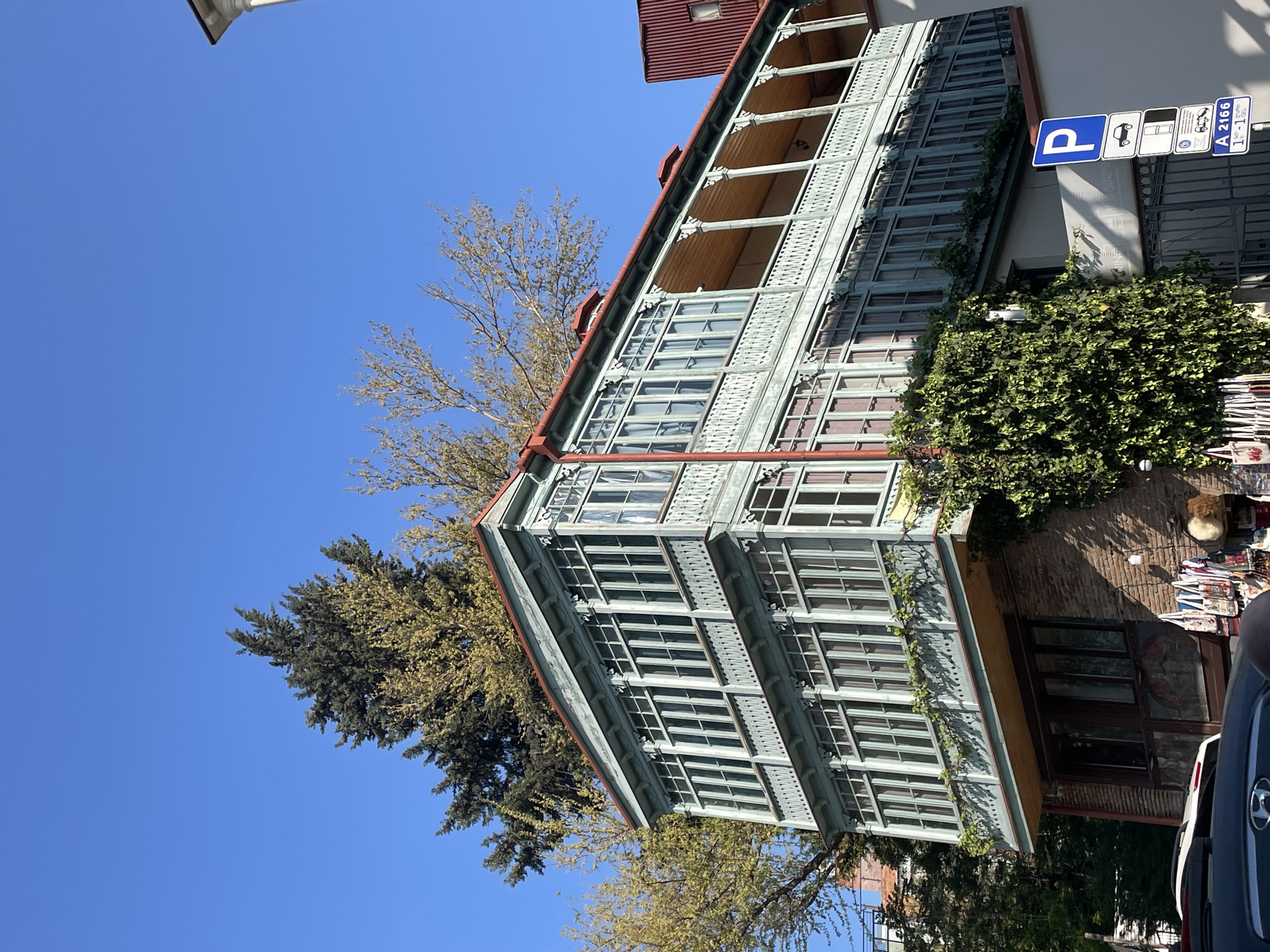 The image, oriented with a significant counter-clockwise tilt, captures a vibrant street scene in front of a distinctive multi-story building, characteristic of Tbilisi, Georgia. The building exemplifies traditional Georgian architecture with its ornate, light blue-green wooden balconies and numerous large windows spanning multiple floors. It features a red-tiled roof and intricate carvings on the balcony railings. Surrounding the structure are various trees, including some with sparse, bare branches and others with dark green foliage, all set against a vibrant, clear blue sky.
Bright sunlight illuminates the scene, indicated by the strong shadows cast. On the right side of the frame, the front portion of a dark-colored car is visible, and the ground floor of the building appears to house commercial activity with items displayed outside. A blue parking sign with a white 'P' is prominently affixed to a pole. The sign displays pictograms for a car, truck, disabled access, and motorcycle, along with Georgian text. Below these are the alphanumeric code 'A 2166' and '1-100' accompanied by a clock icon, indicating parking regulations or hours. A white street light fixture is partially visible in the upper left corner. No people are discernible in the frame, but the setting suggests an active urban environment during daytime.