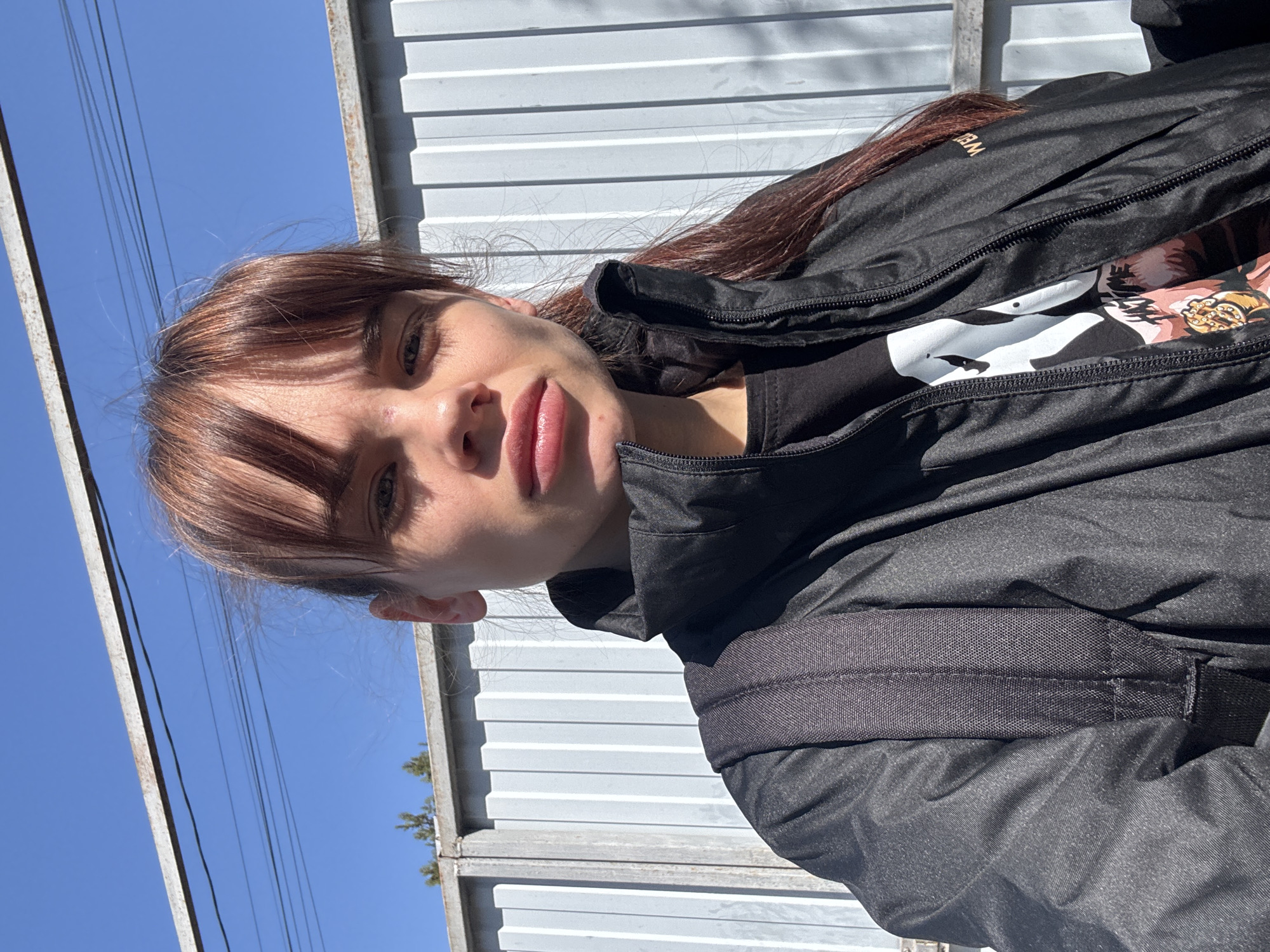A woman with reddish-brown hair and fair skin is the primary subject of the photograph. She has a full face with prominent lips, and is wearing a black jacket over a black t-shirt with a print on it. The jacket appears to have a quilted texture on the shoulders. The woman's gaze is directed towards the camera.
The photograph appears to be taken outdoors, with a clear blue sky visible in the background, along with electrical power lines on the left side. To the right of the woman is a corrugated metal structure, possibly a fence or the side of a building. The picture is taken at a slight angle.
Given the presence of electrical power lines and industrial-style corrugated metal structures, the location could be a peripheral area or an industrial zone in a city. Rostov-on-Don, Russia is mentioned, but without distinct local characteristics present, it's difficult to confirm the precise location.