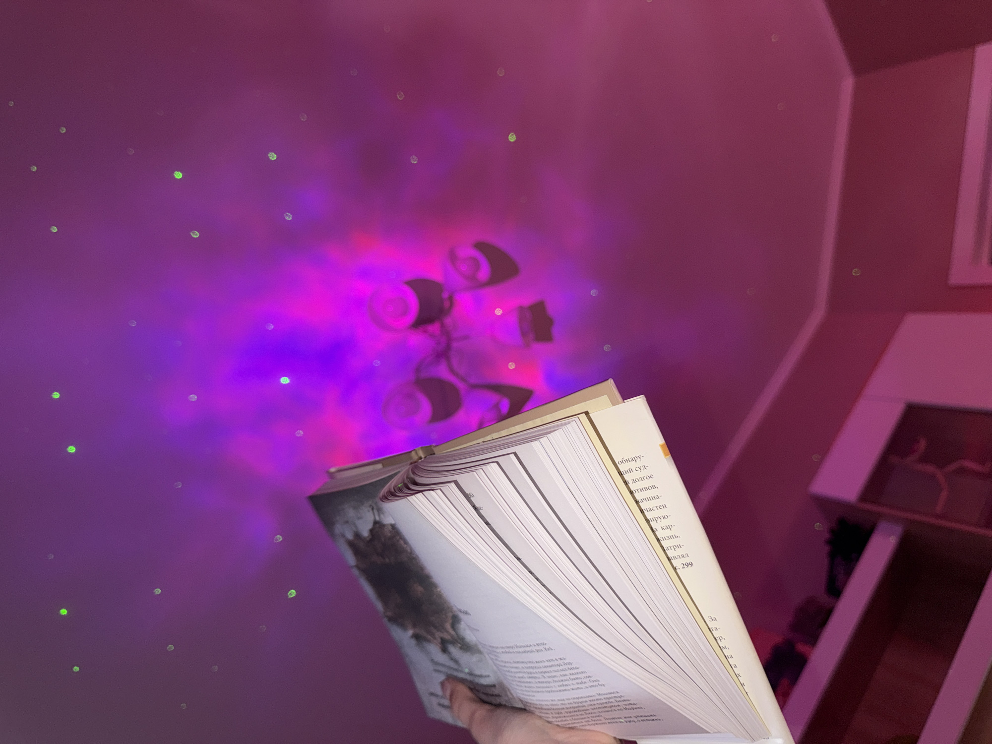 Here is a matter-of-fact description of the image:
The image shows a hand holding an open book in front of a wall with a purple and pink light projection. The book is partially obscuring the light projection, which appears to be a stylized image of a plant. Green dots are scattered across the wall, presumably part of the light projection. The book has a drawing on the left page and text on the right. Some text on the right page is partially legible, with the number "299" visible. To the right of the wall, a partially visible white shelving unit is present. The scene appears to be indoors.