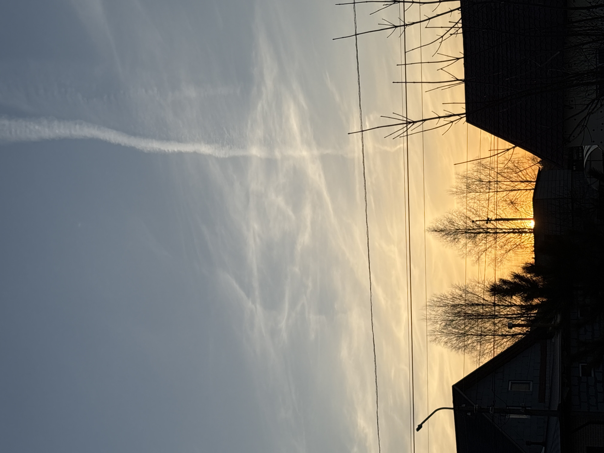 The image depicts a sunset sky over an urban area. The sky transitions from a pale blue to a warm yellow-orange near the horizon. There are contrails visible in the sky. Silhouetted against the sunset are houses, bare trees, and power lines. The houses appear to be residential and are located in an area where power lines are overhead. The sun is obscured by the trees and buildings, but its glow illuminates the sky. There are no people visible in the image. The location is Прикамский, Russia.