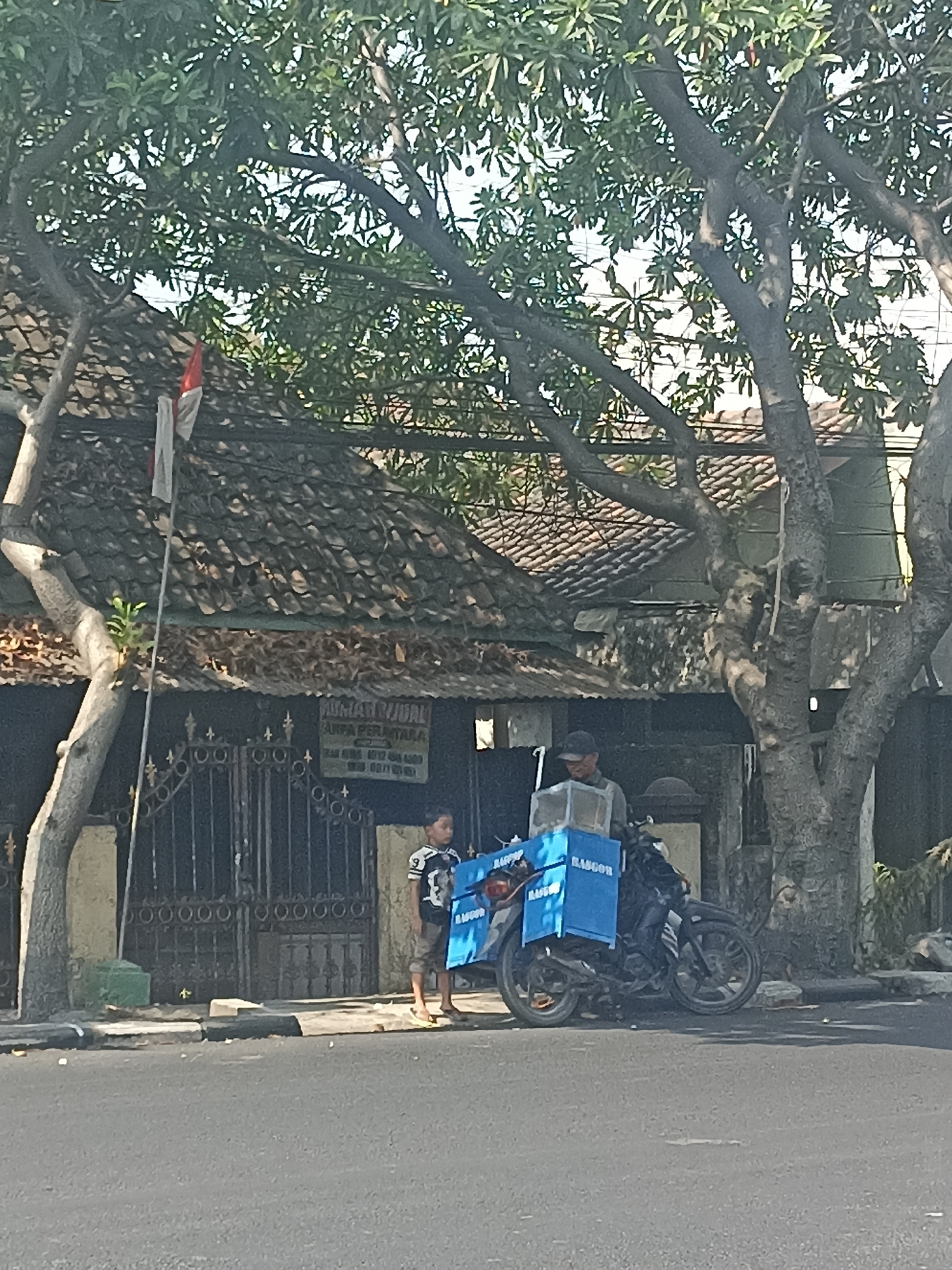 The image depicts a street scene in Dapur, Indonesia, dominated by a large tree with sprawling branches that partially obscure the view of a building and the sky. In front of the building, a motorcycle is parked, equipped with two blue cargo boxes labeled "RASCON" on its rear. A man wearing a cap is standing behind the motorcycle, appearing to be engaged with its contents. To the left of the motorcycle, a young boy stands holding a blue bag. The building behind them has a tiled roof and a dark facade with a decorative gate. A small Indonesian flag is visible on a pole extending from the roof. The street is paved, with a curb separating it from a sidewalk area.